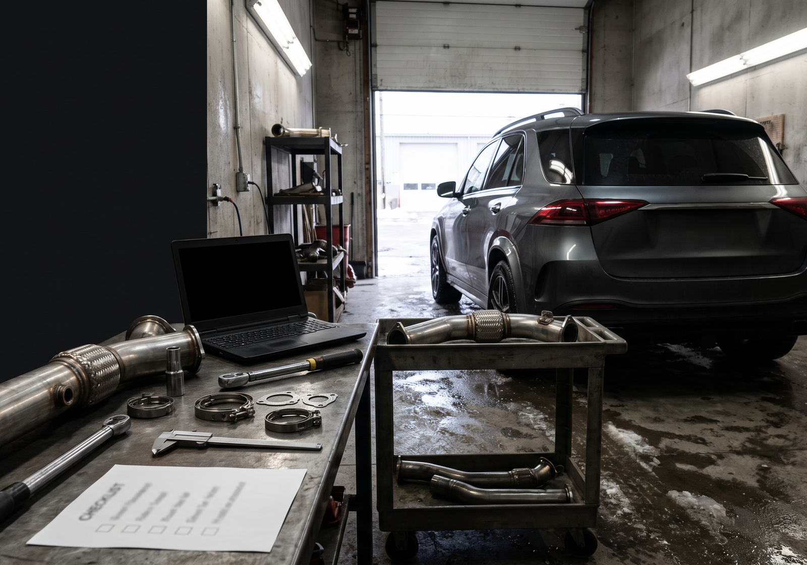 Generated workshop image showing a Mercedes GLE SUV-inspired service bay with downpipe parts, tools and diagnostic checklist context