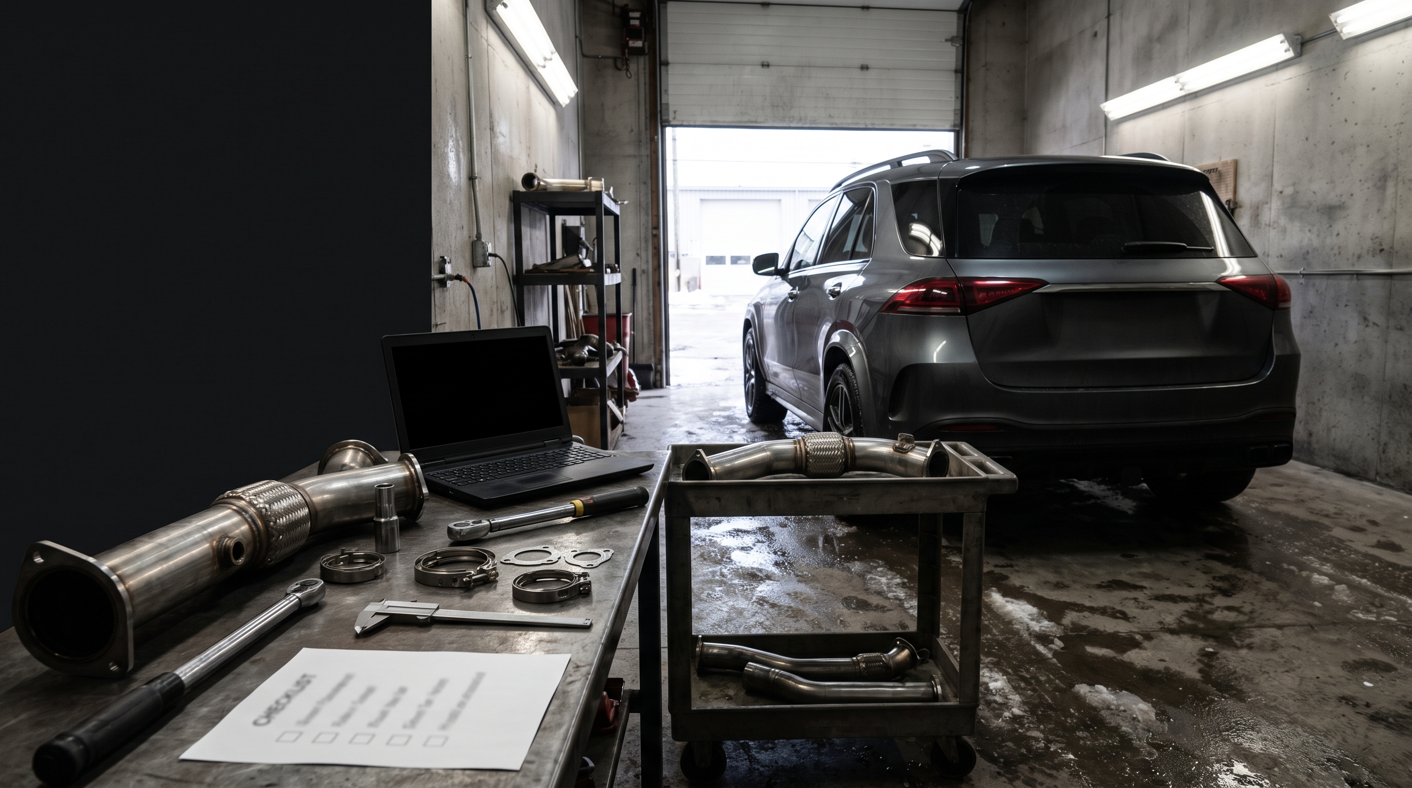 Generated workshop image showing a Mercedes GLE SUV-inspired service bay with downpipe parts, tools and diagnostic checklist context