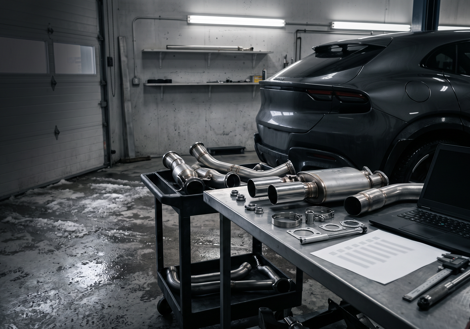 Generated workshop image showing a Ferrari Purosangue-inspired SUV with exhaust and downpipe components for a buyer checklist