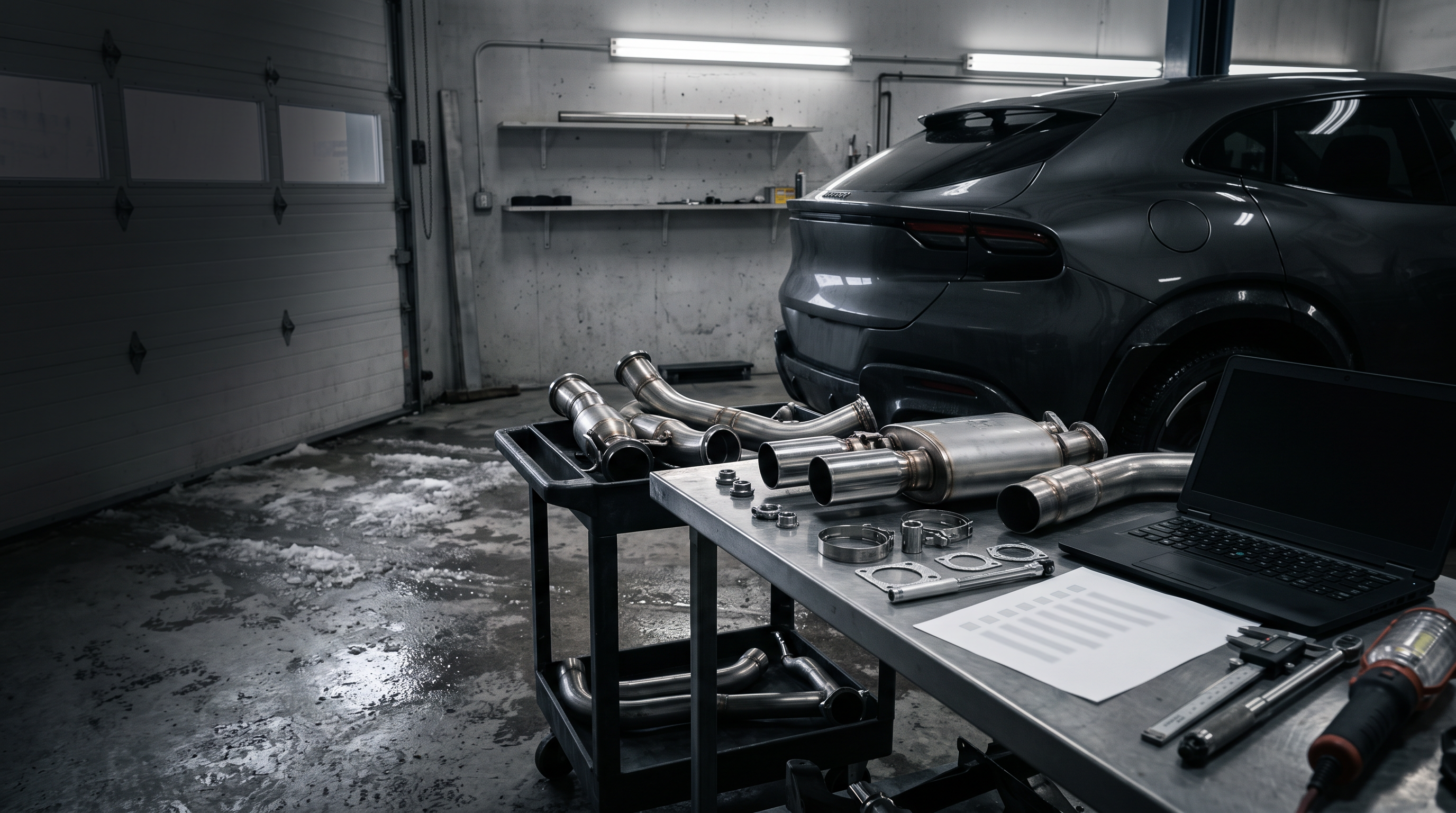 Generated workshop image showing a Ferrari Purosangue-inspired SUV with exhaust and downpipe components for a buyer checklist