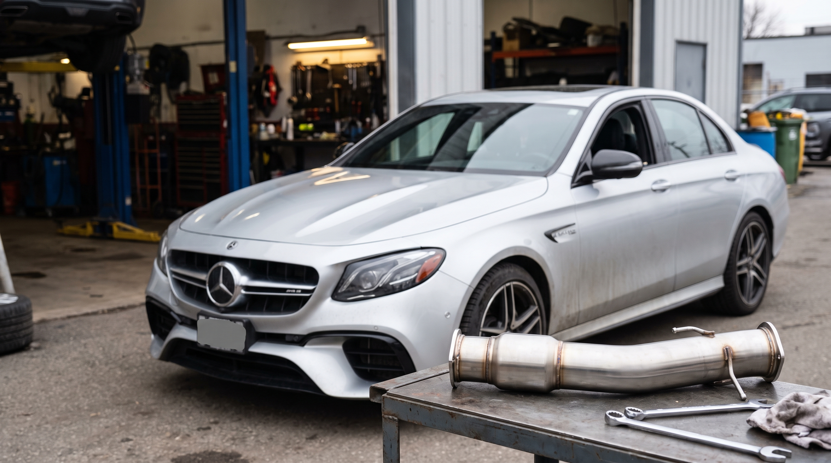 Mercedes-AMG E63 W213 in a workshop with a downpipe component for fitment and tune planning