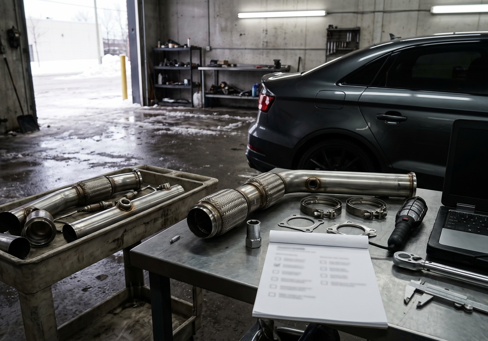 Generated workshop image showing Audi RS3 downpipe parts, diagnostic laptop and install cost/tune/CEL checklist context