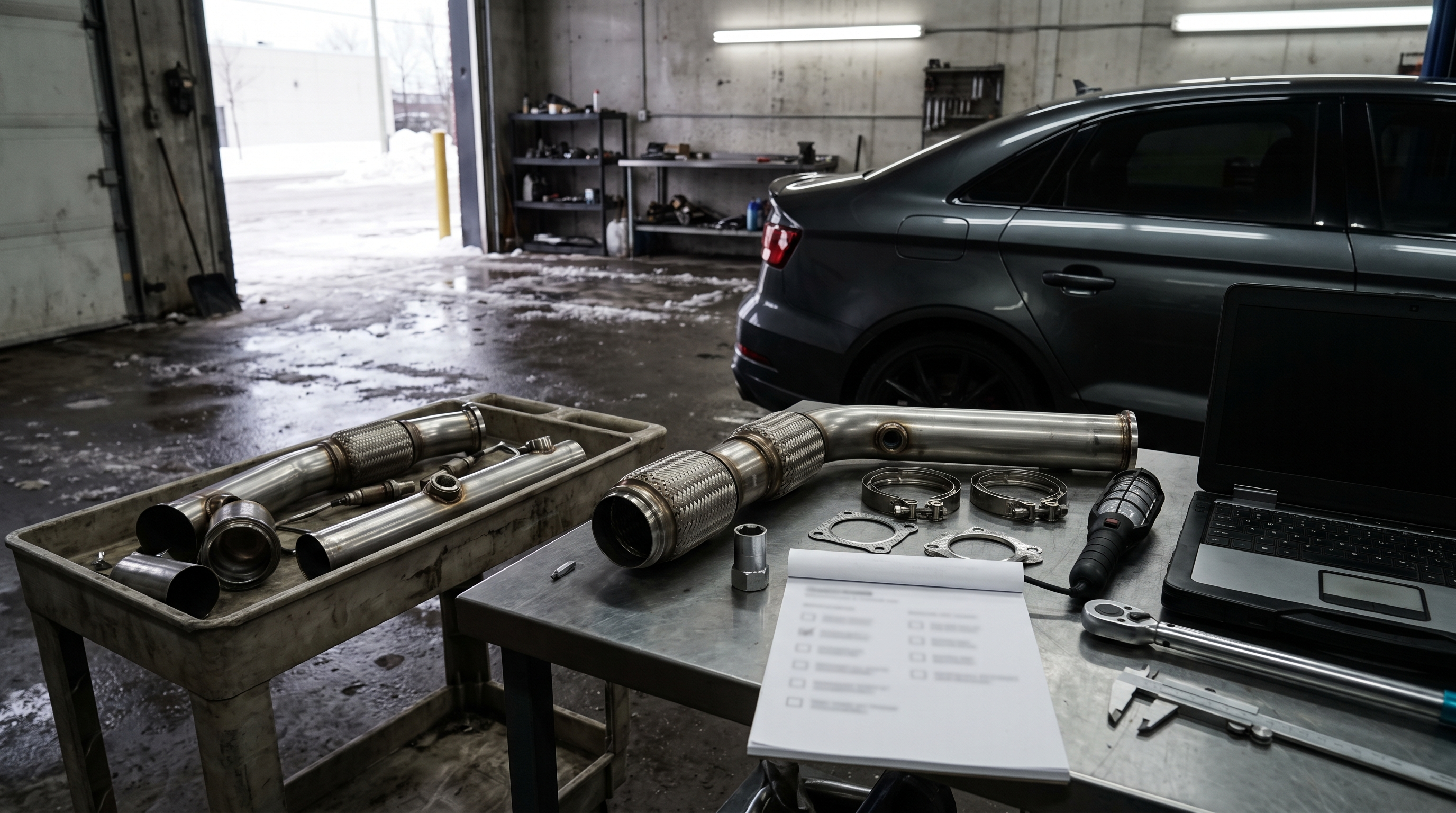 Generated workshop image showing Audi RS3 downpipe parts, diagnostic laptop and install cost/tune/CEL checklist context