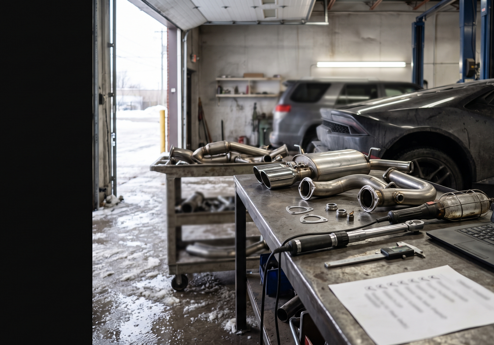Generated workshop image showing Lamborghini-inspired exhaust components, diagnostic tools and quote checklist context