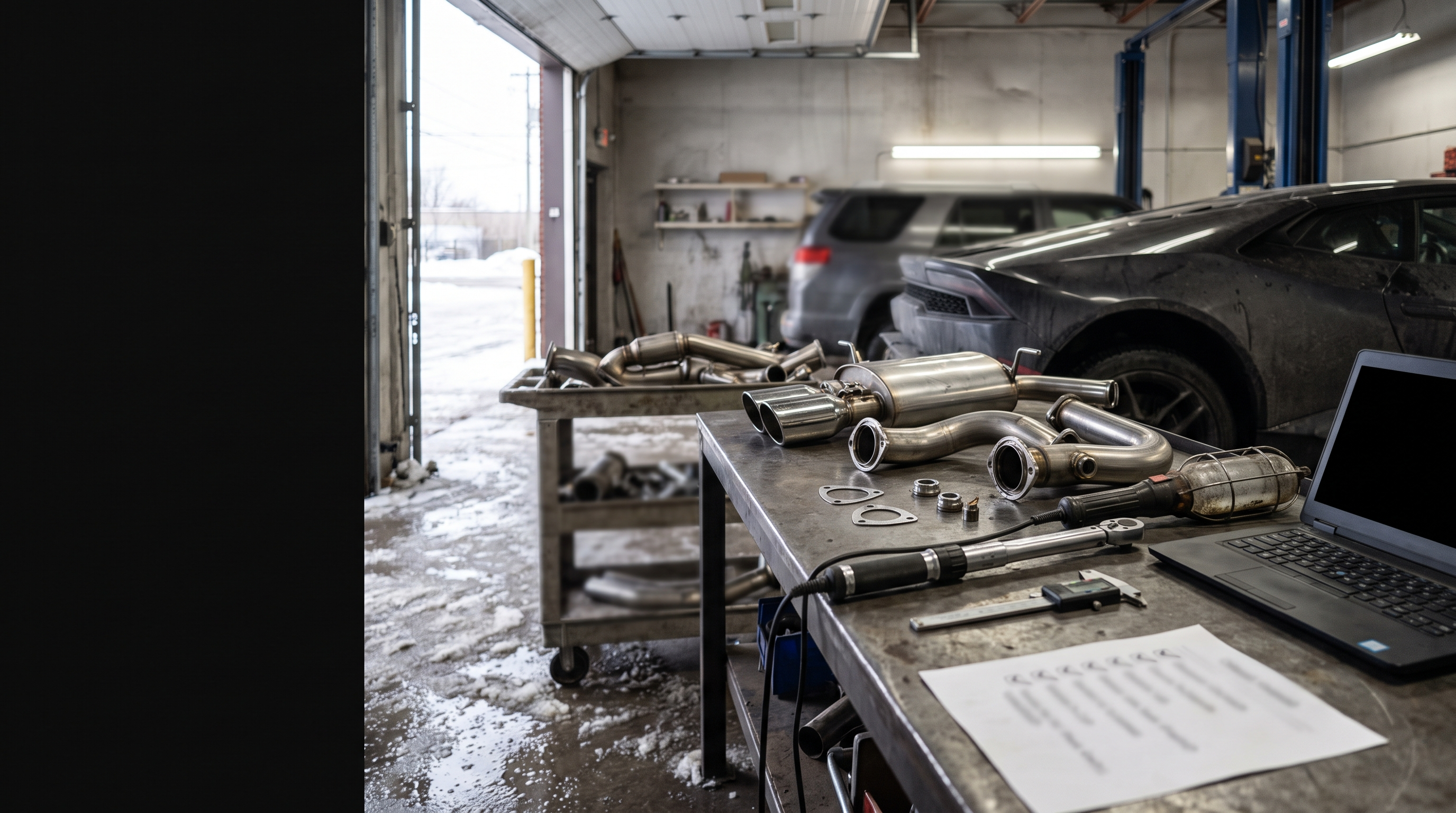 Generated workshop image showing Lamborghini-inspired exhaust components, diagnostic tools and quote checklist context