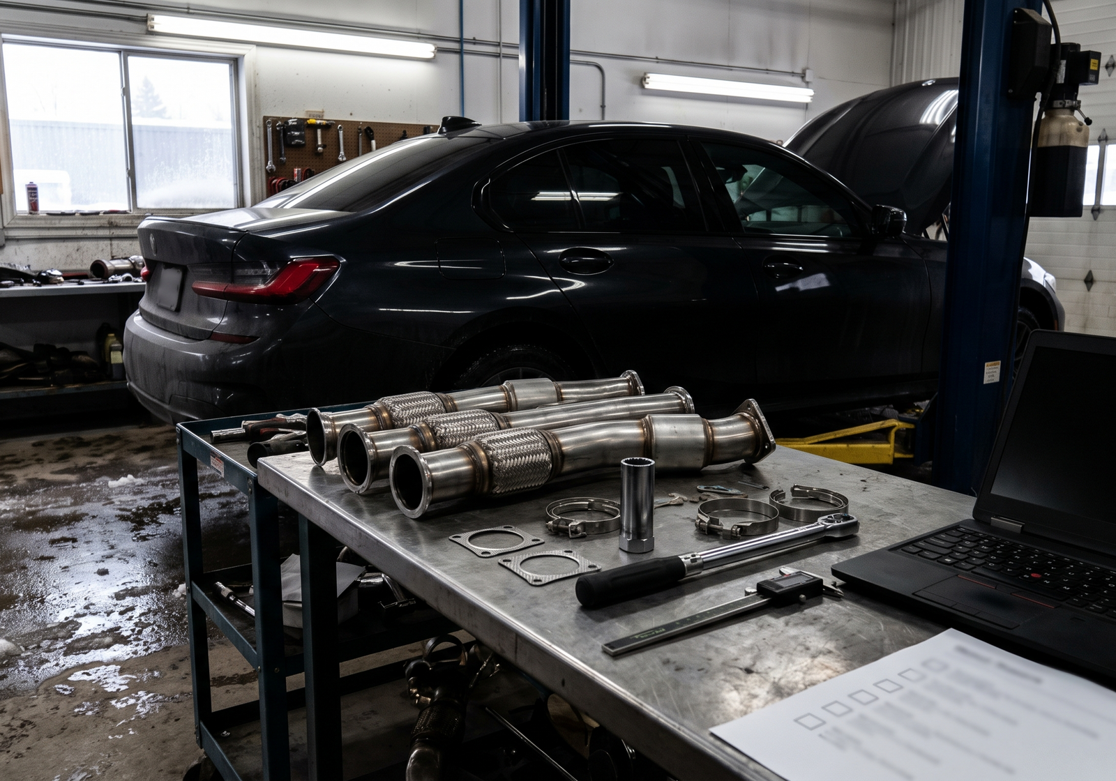 Generated workshop image showing B58 Gen 3 downpipe parts, diagnostic tools and fitment/tune checklist context
