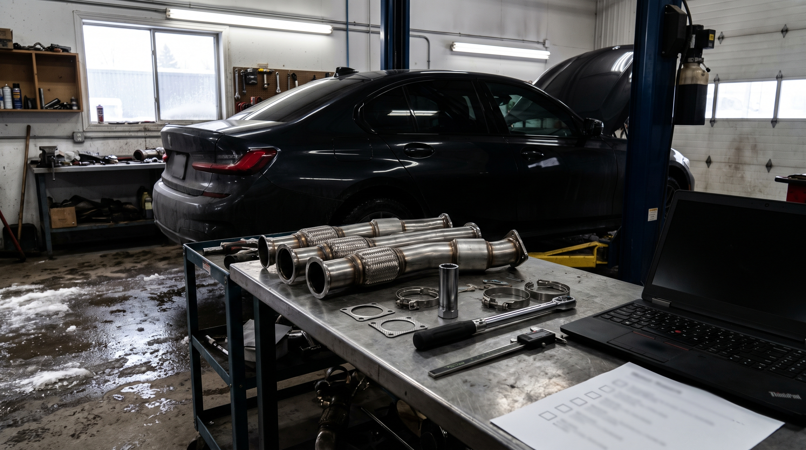 Generated workshop image showing B58 Gen 3 downpipe parts, diagnostic tools and fitment/tune checklist context