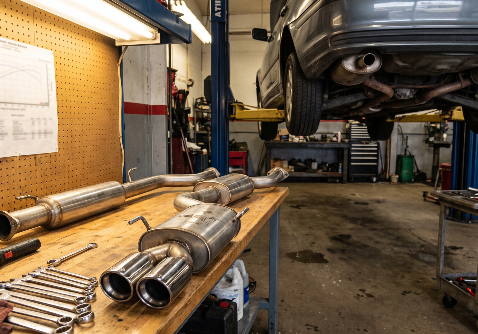 Cat-back exhaust components on a workshop bench beside a car on a lift, illustrating exhaust flow and realistic horsepower expectations.