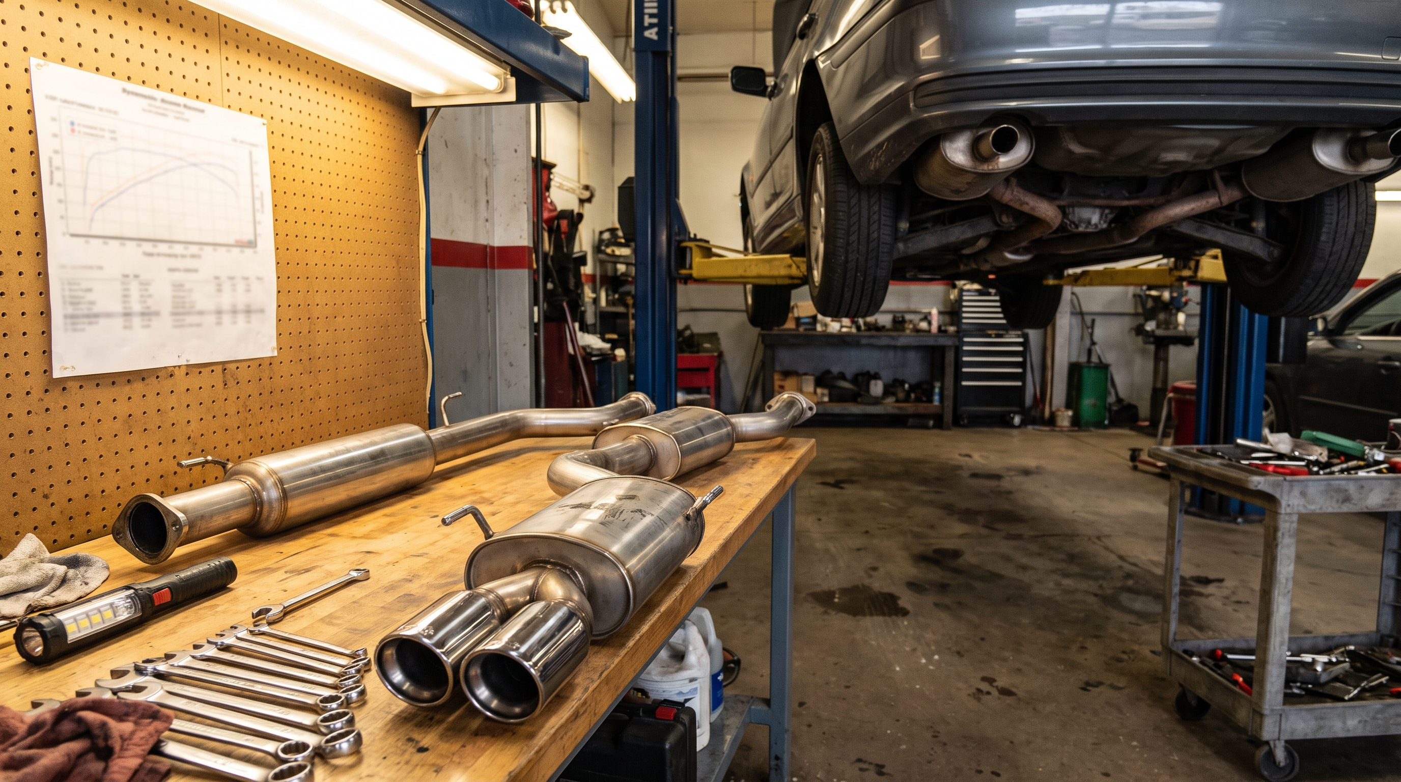 Cat-back exhaust components on a workshop bench beside a car on a lift, illustrating exhaust flow and realistic horsepower expectations.