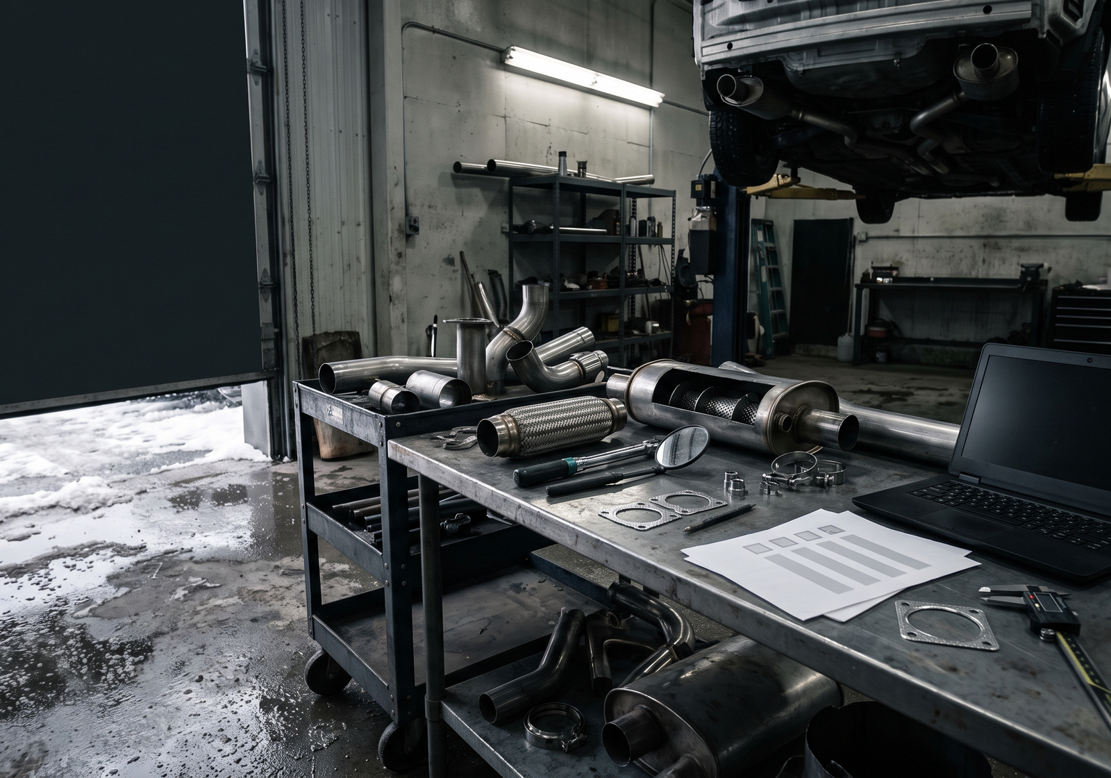 Winter workshop scene with stainless exhaust parts, inspection tools and road salt slush for an exhaust care guide