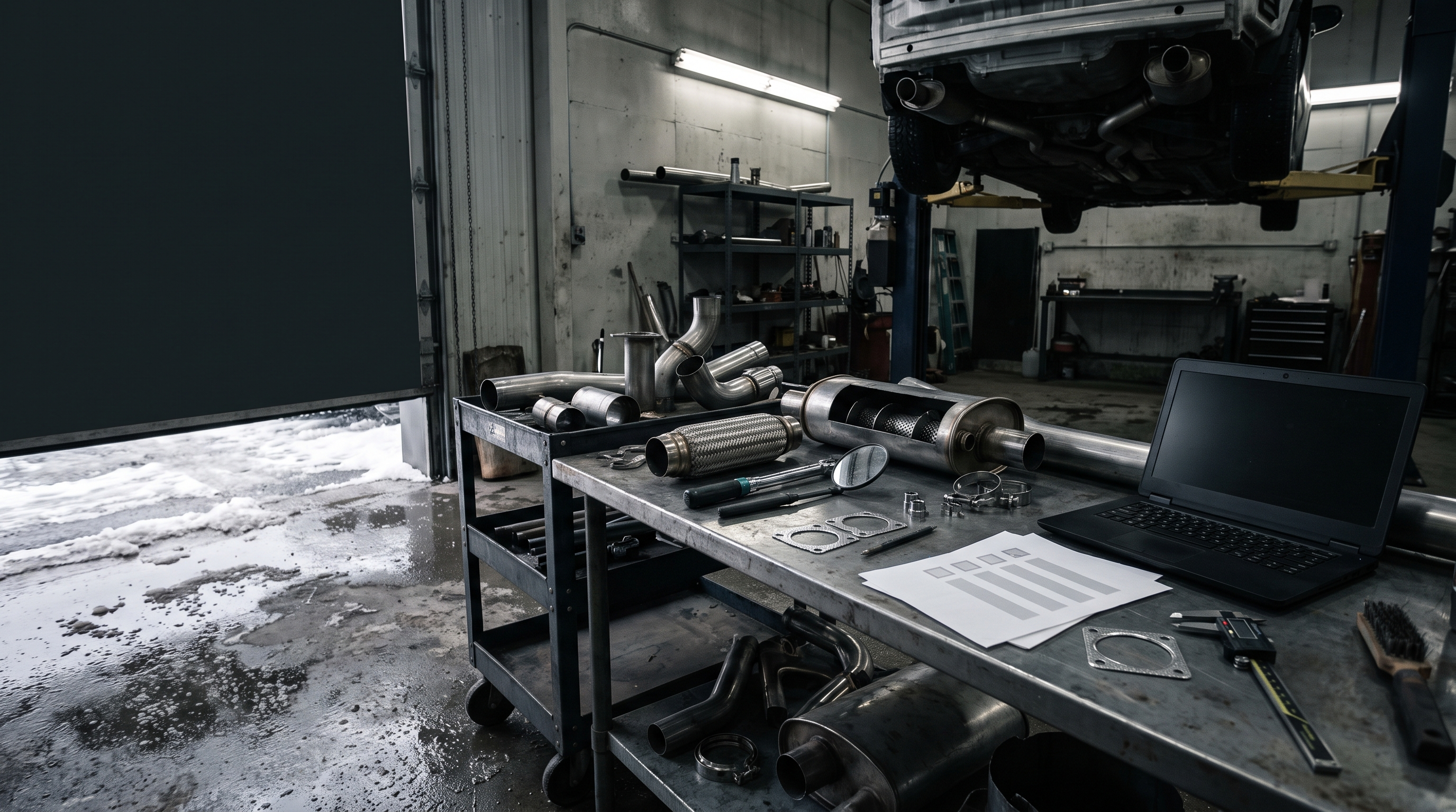 Winter workshop scene with stainless exhaust parts, inspection tools and road salt slush for an exhaust care guide