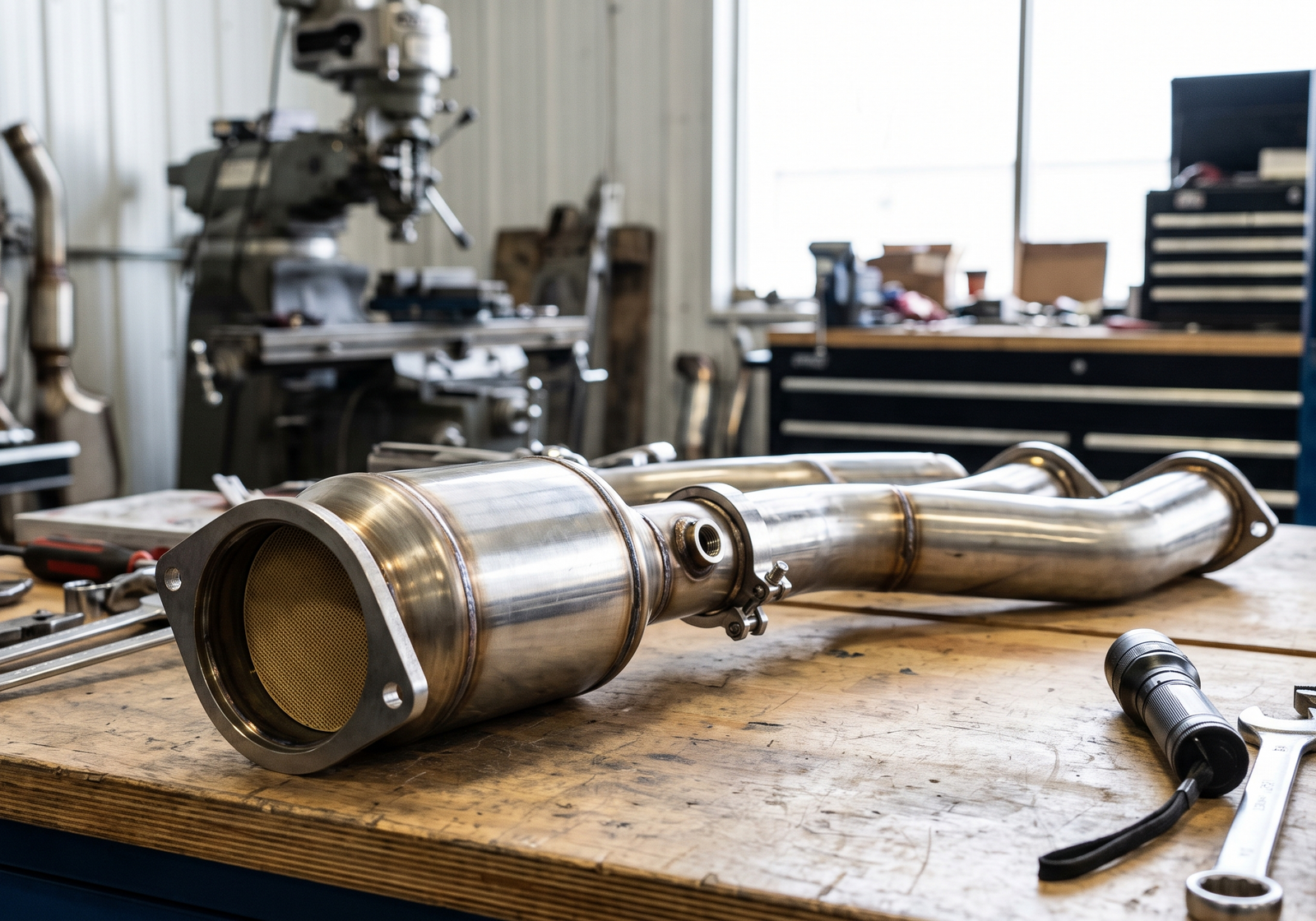 High-flow catalytic converter and exhaust tubing on a workshop bench