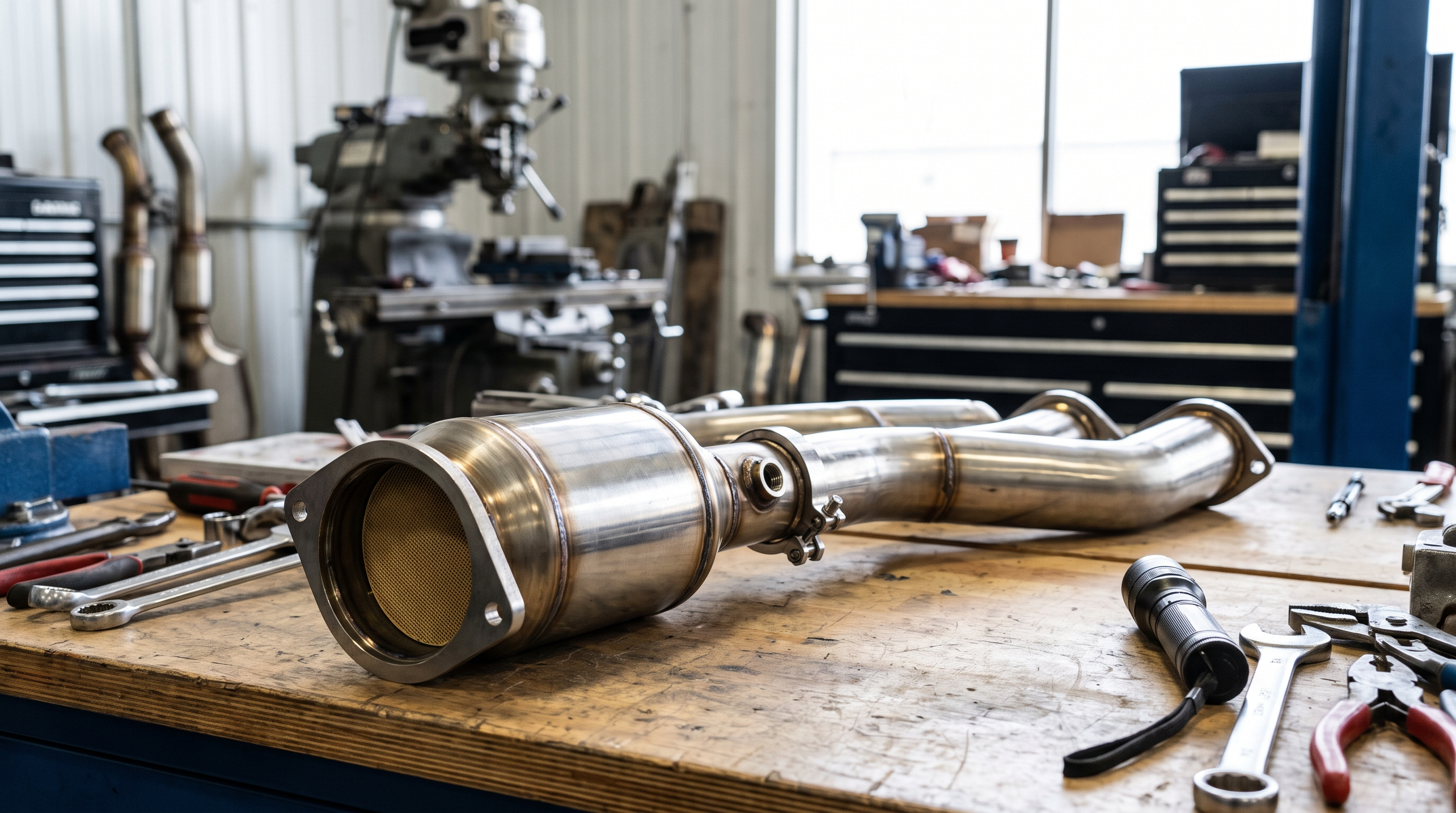 High-flow catalytic converter and exhaust tubing on a workshop bench