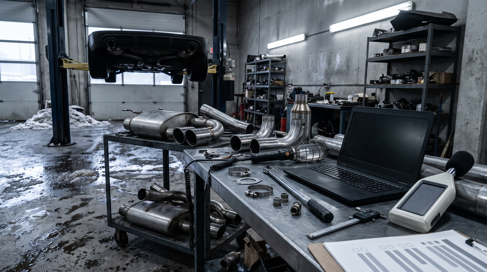 Workshop scene with generic exhaust parts, sound meter and winter service context for a Quebec exhaust noise legality guide