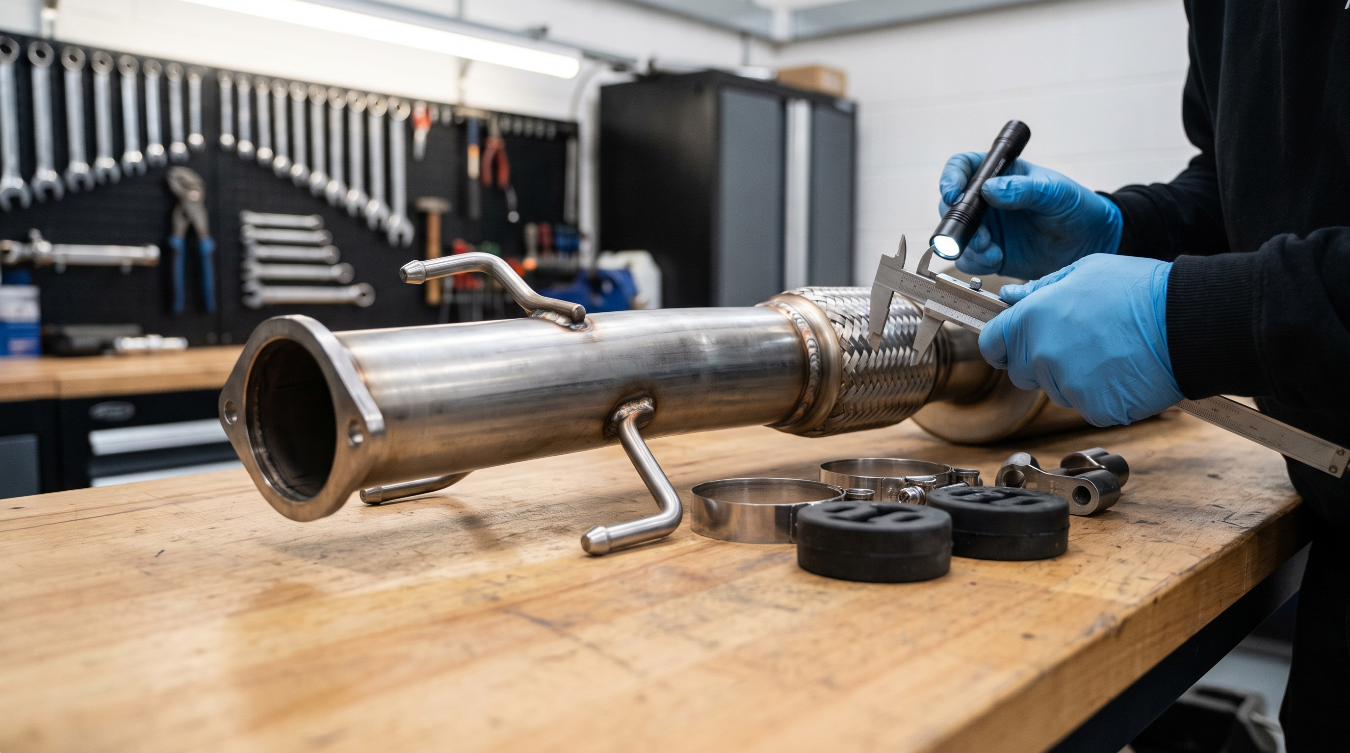 Mechanic inspecting stainless aftermarket exhaust welds and hangers in a workshop