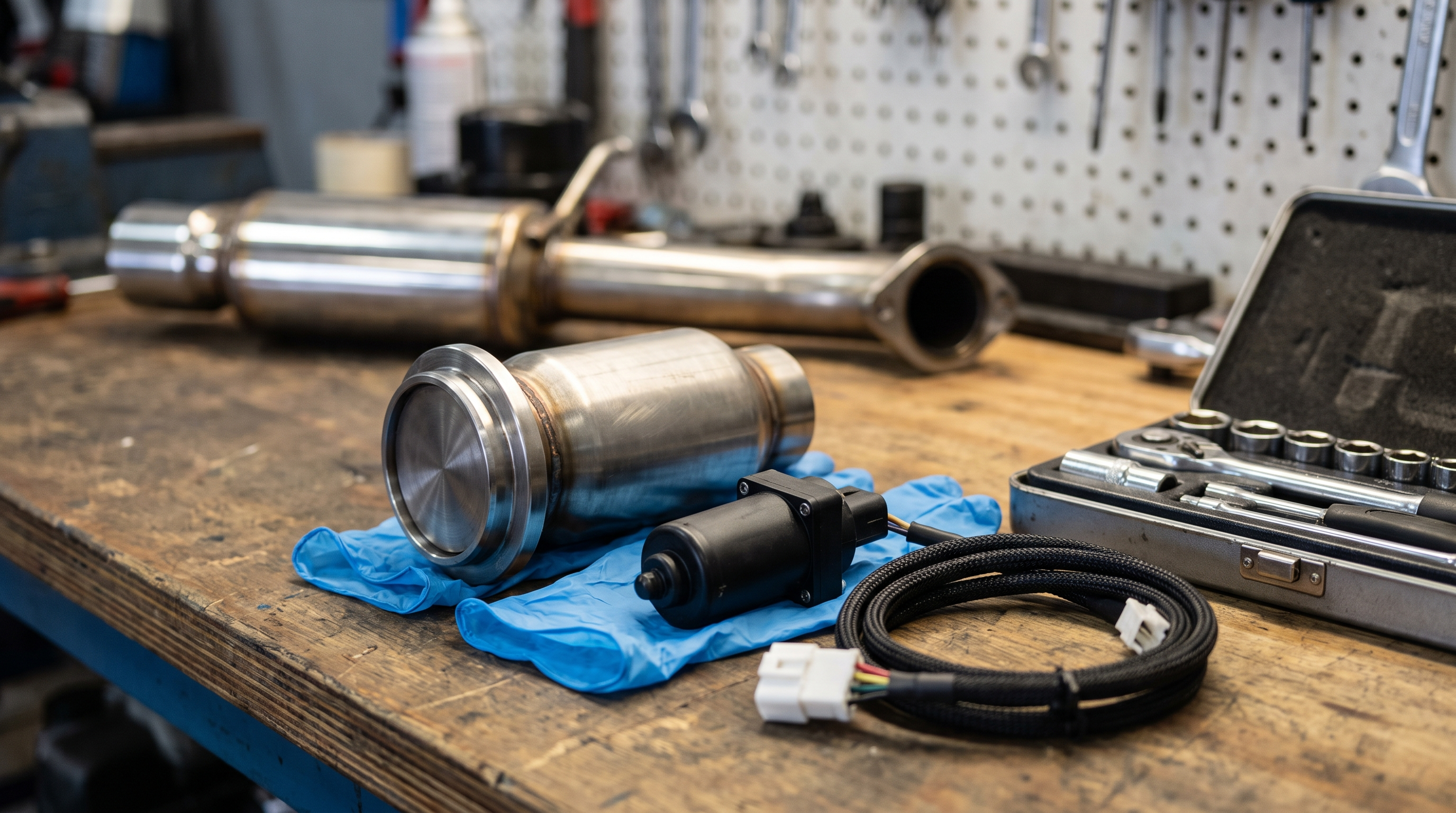 Exhaust valve actuator and wiring on a workshop bench beside exhaust components and tools