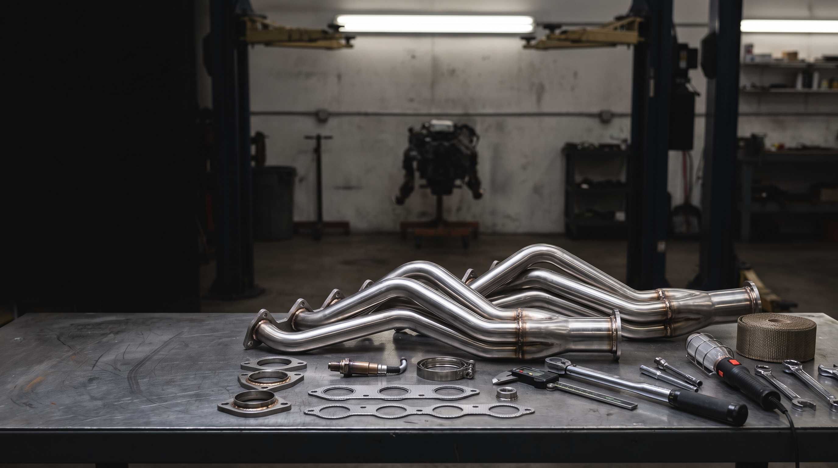 Stainless exhaust headers on a workshop bench with gaskets and inspection tools