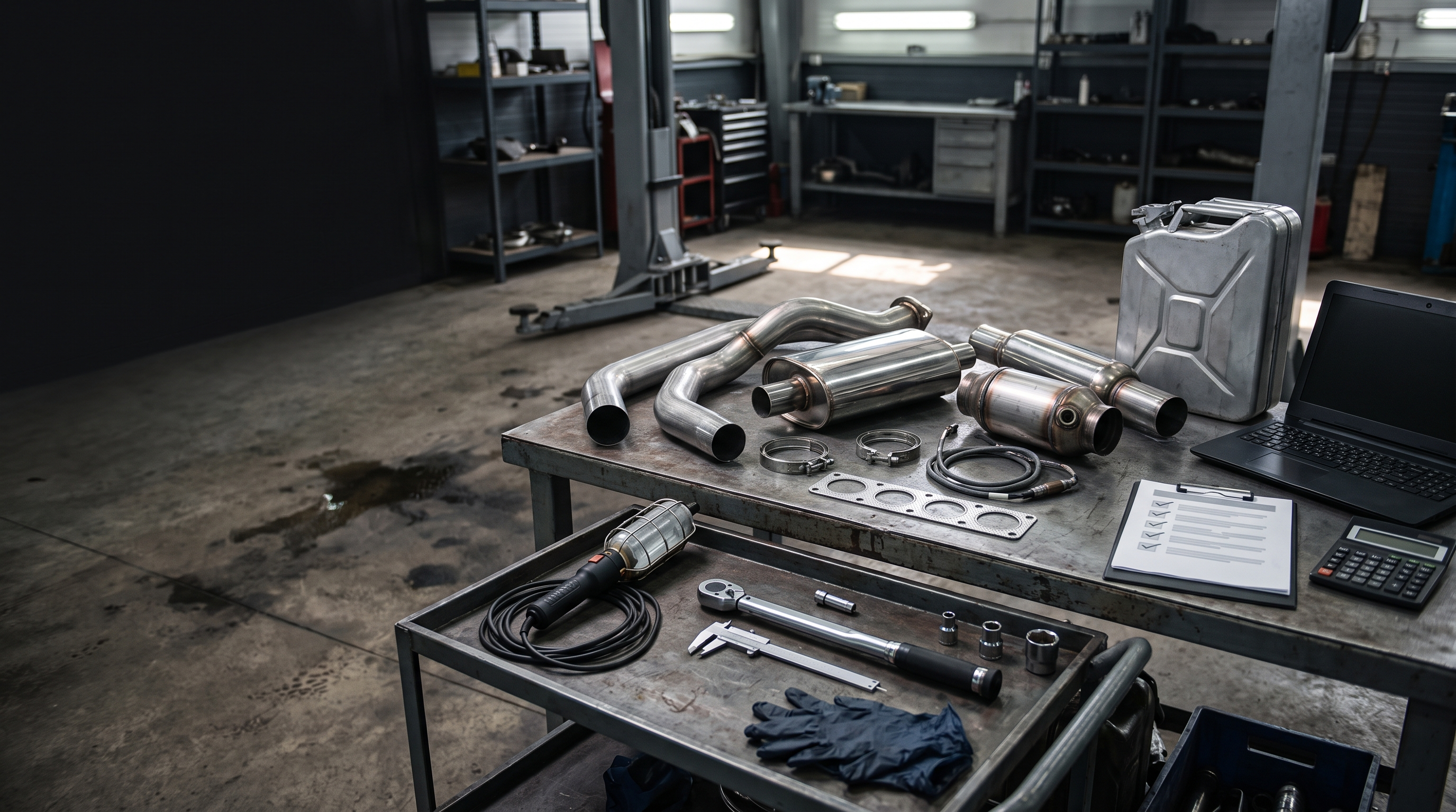 Stainless exhaust parts on a workshop bench with diagnostic tools and fuel-use planning context