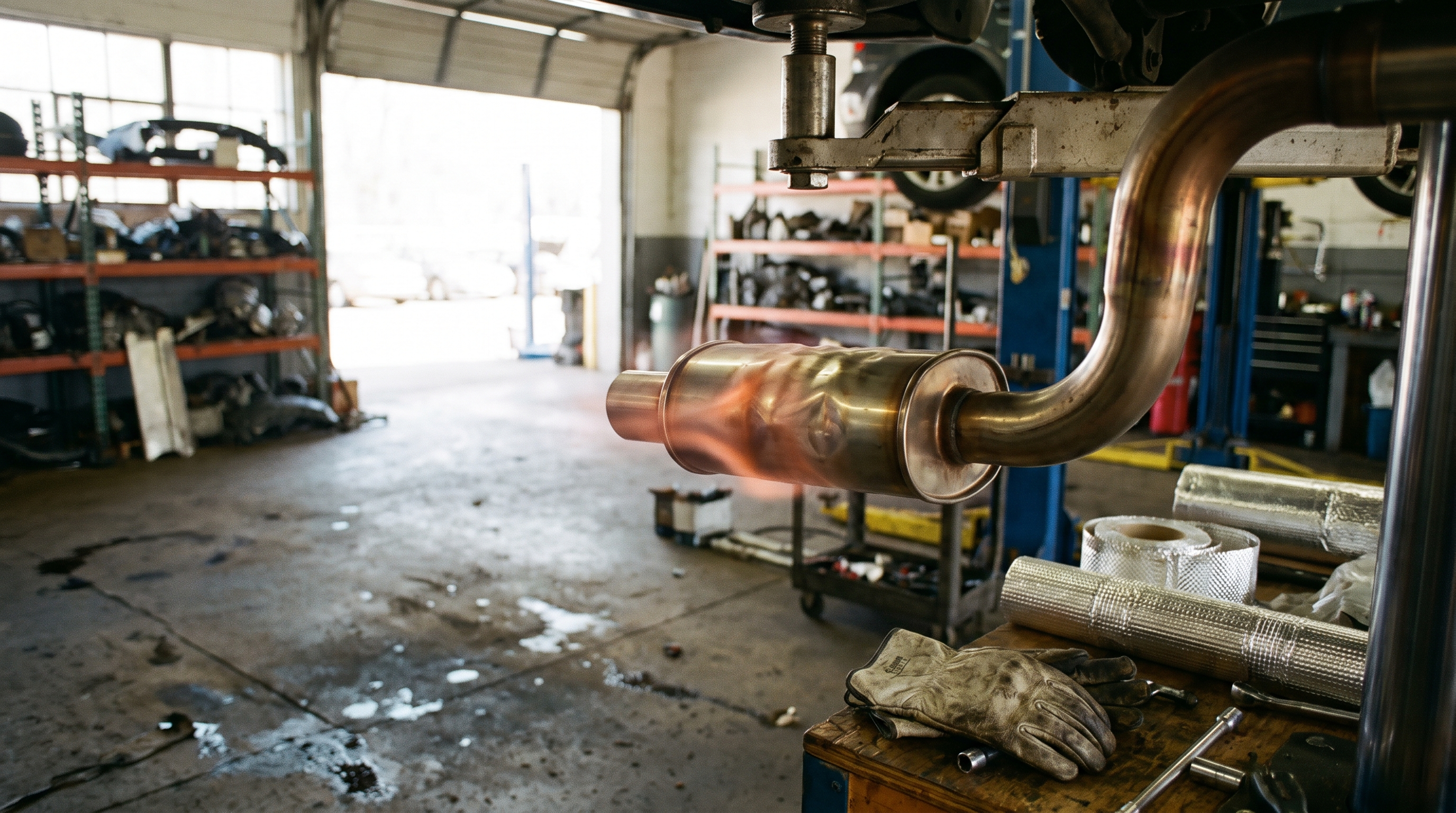 Generic exhaust pipe and muffler in a workshop with heat shield materials nearby