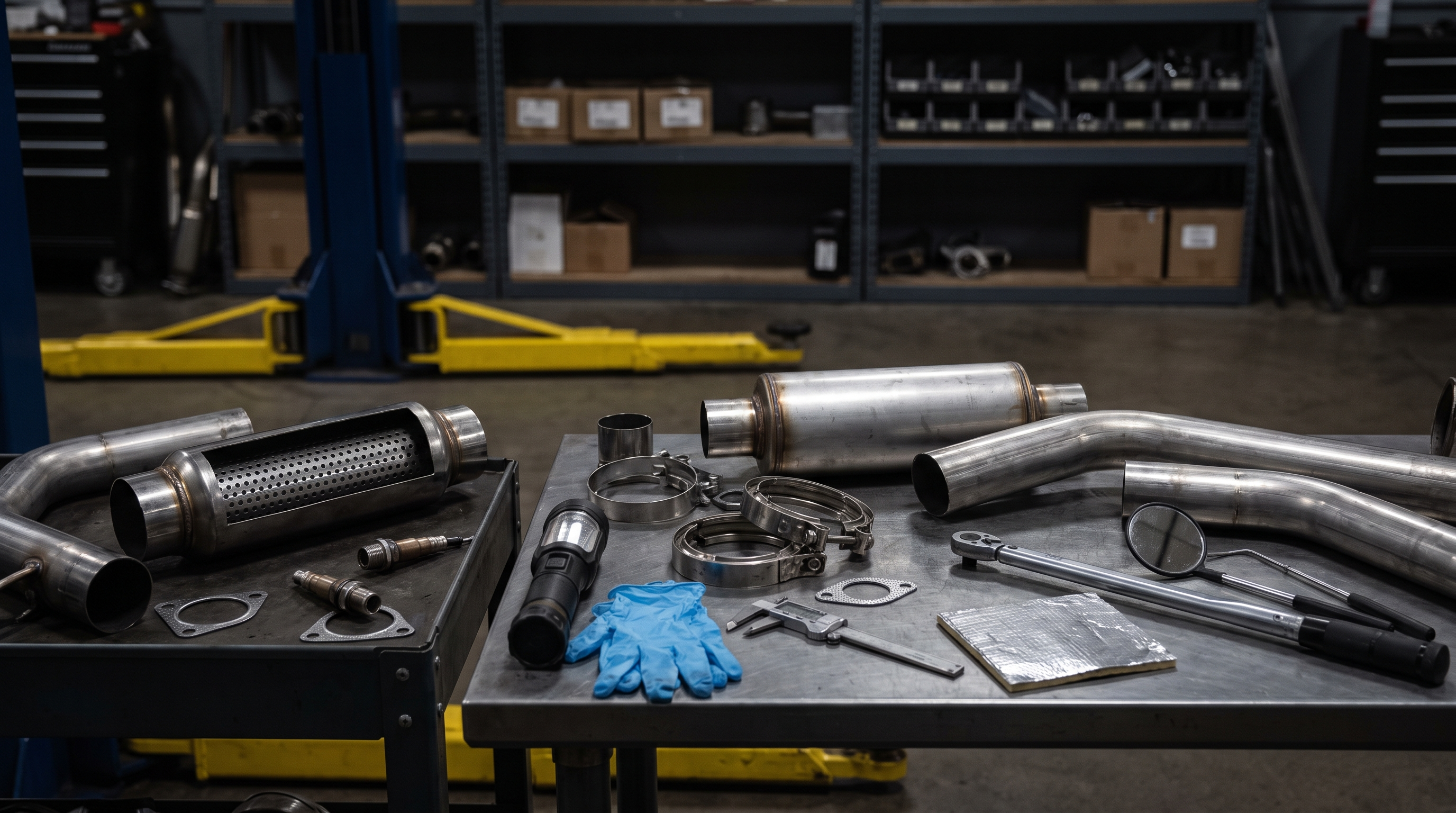 Generic exhaust resonator section and tubing on a workshop bench