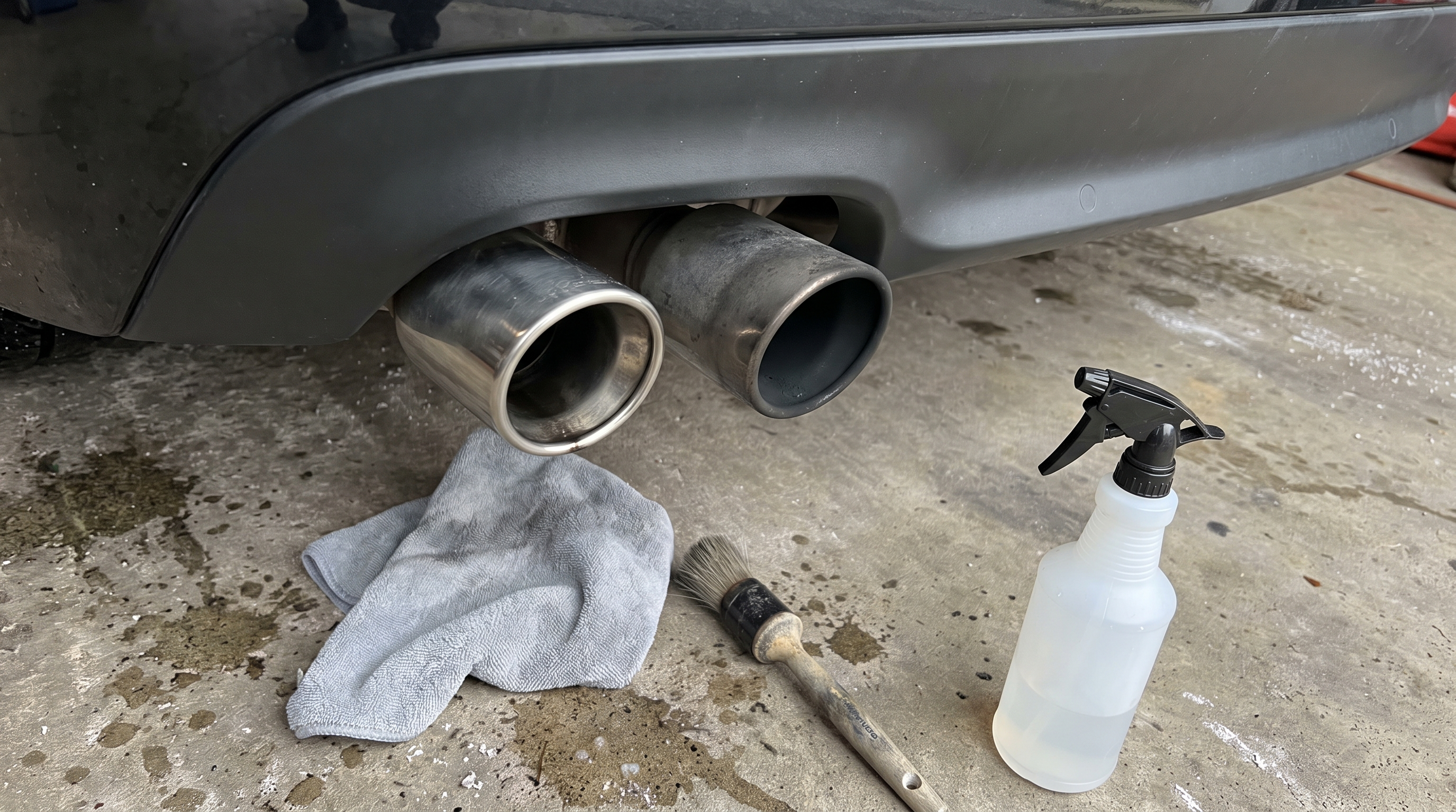 Two generic exhaust tips being cleaned on a workshop floor with a microfiber cloth, detailing brush and spray bottle