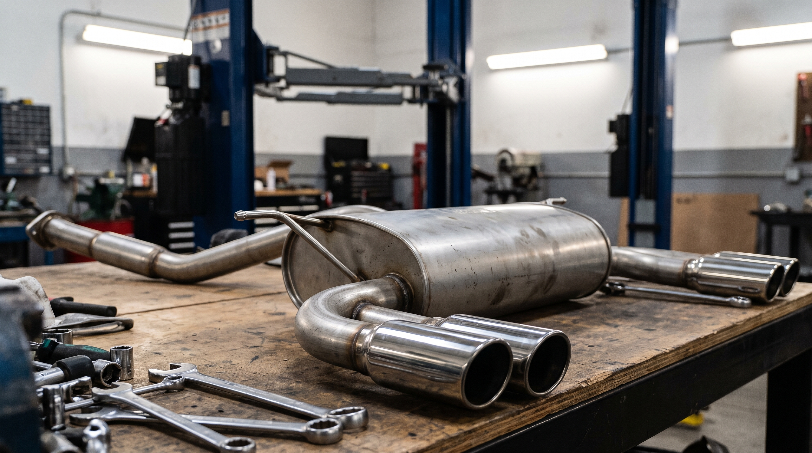 Stainless catback exhaust system on a workshop bench