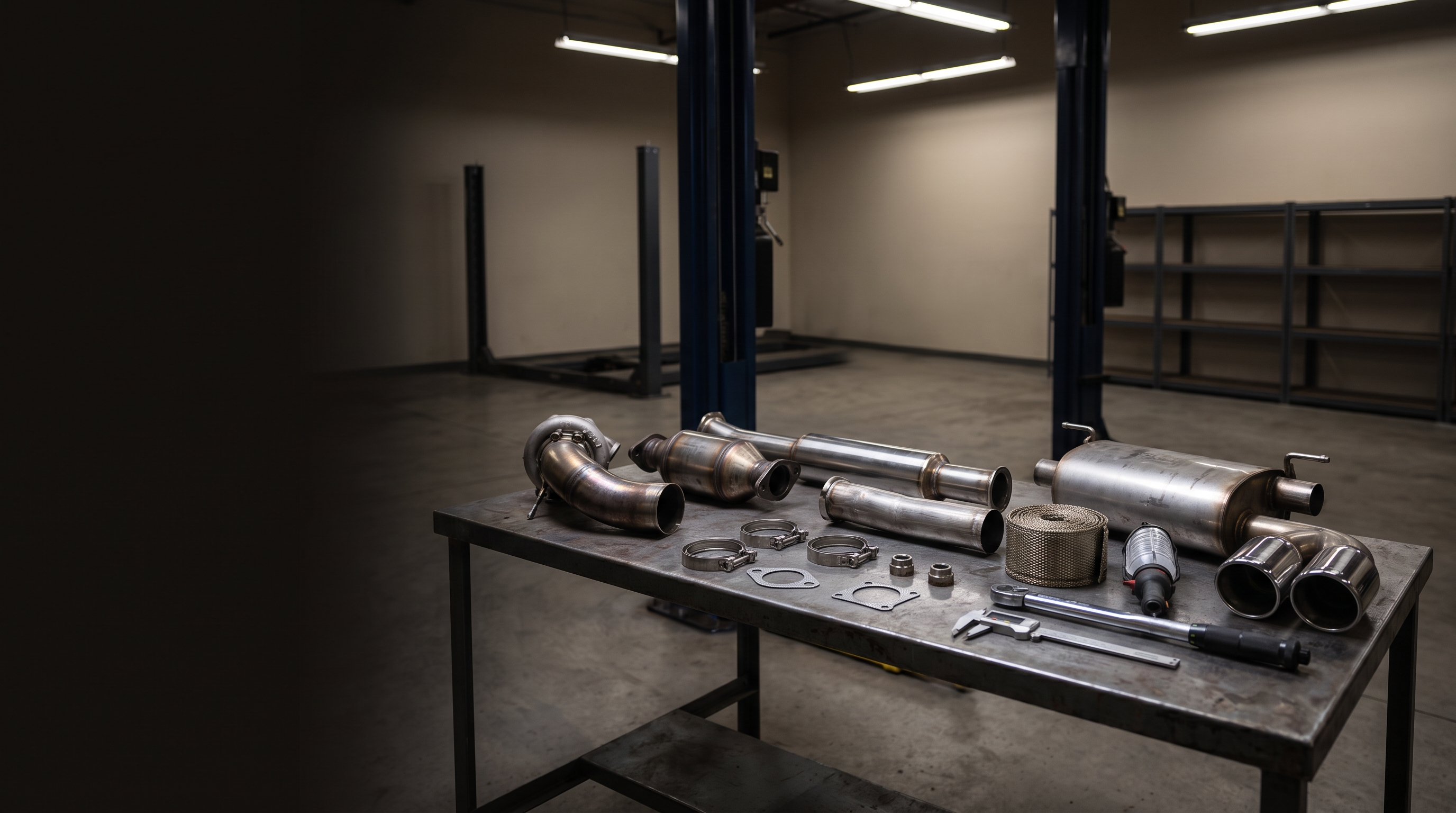 Generic turbo-back exhaust components on a workshop bench