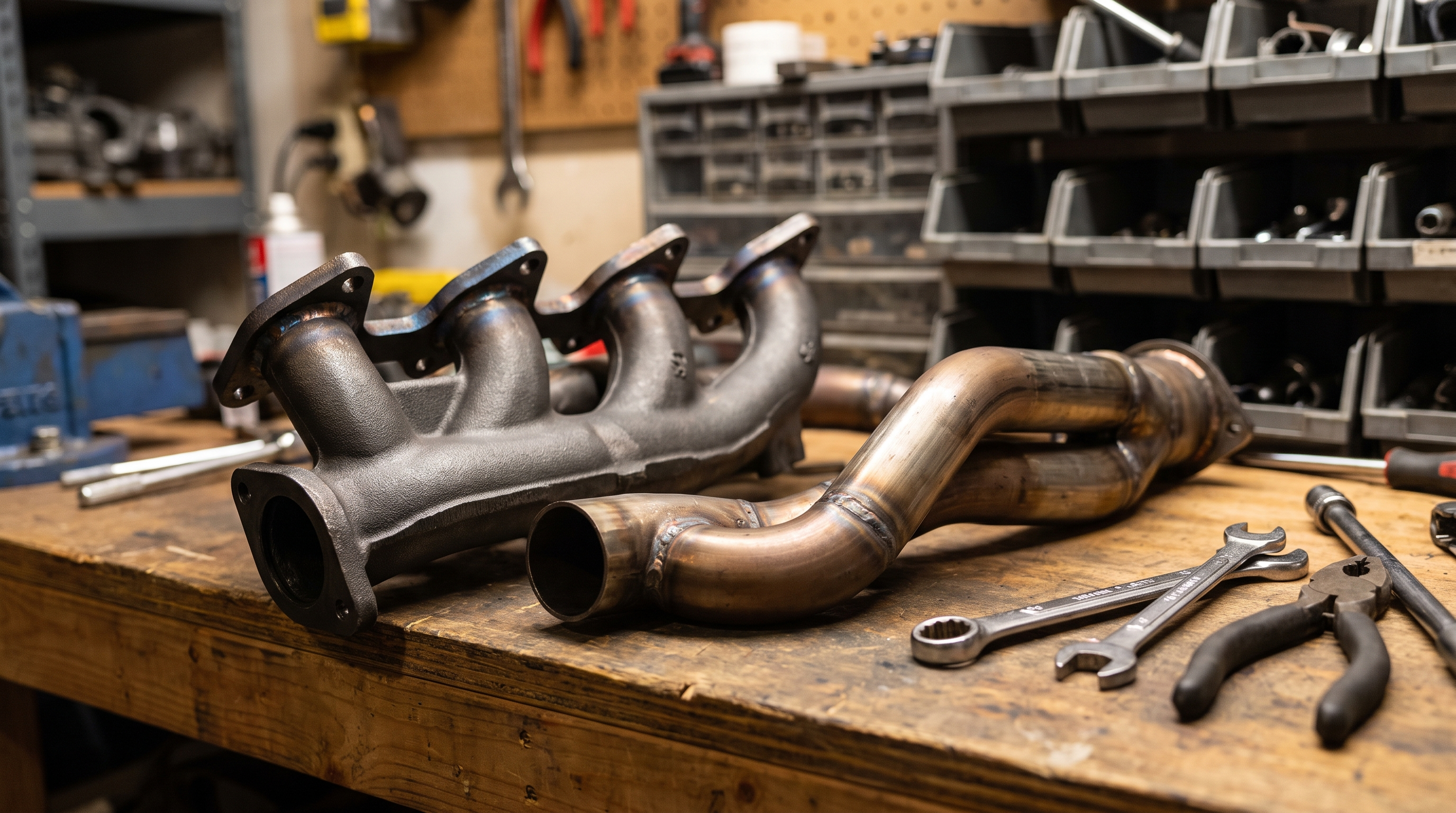 Exhaust manifold and exhaust piping on a workshop bench
