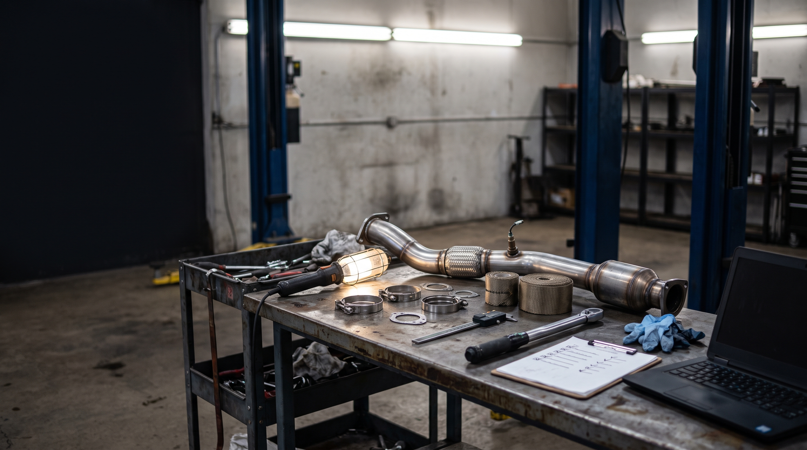 Generic stainless downpipe assembly on a workshop bench with inspection tools and heat wrap