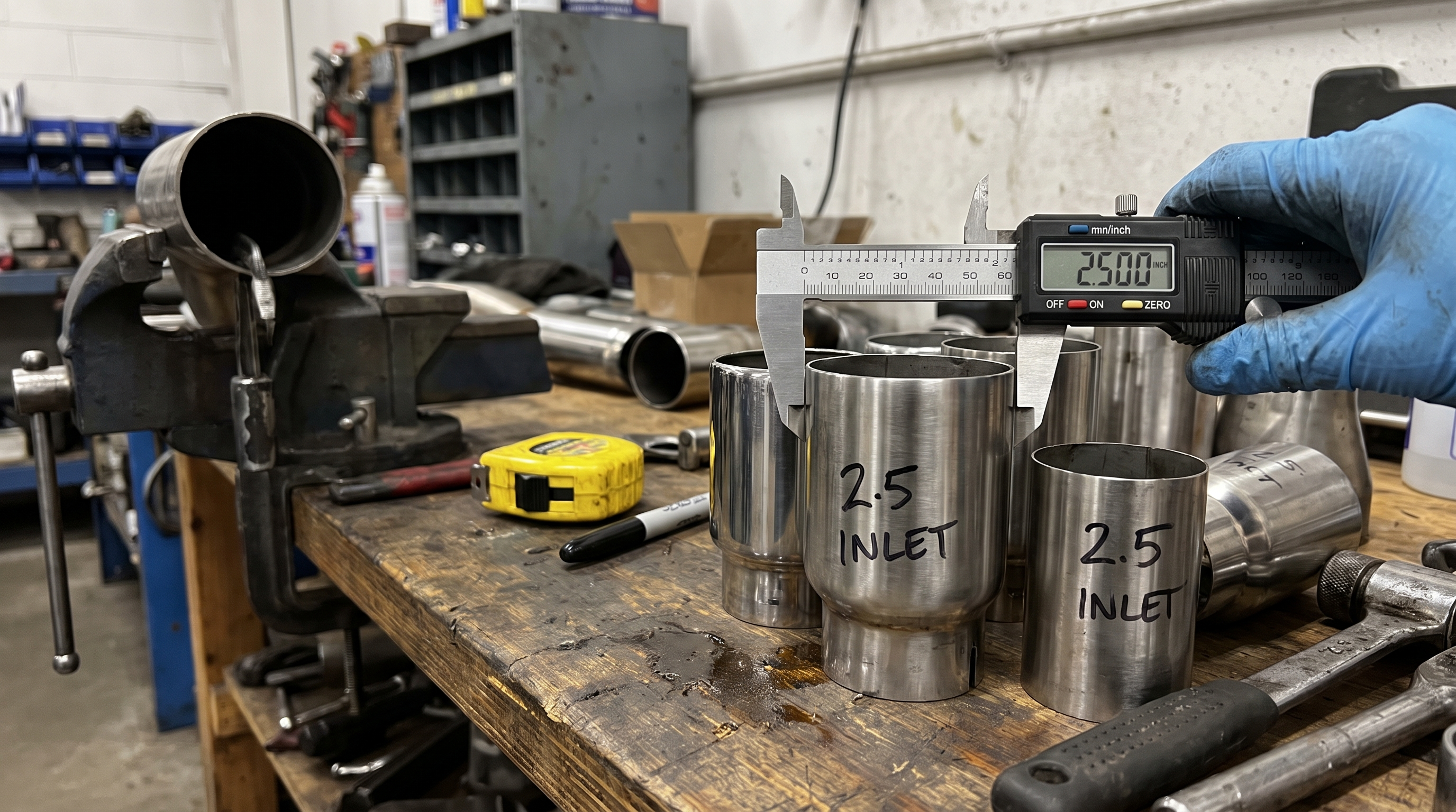 Digital calipers measuring a 2.5 inch exhaust tip inlet on a workshop bench