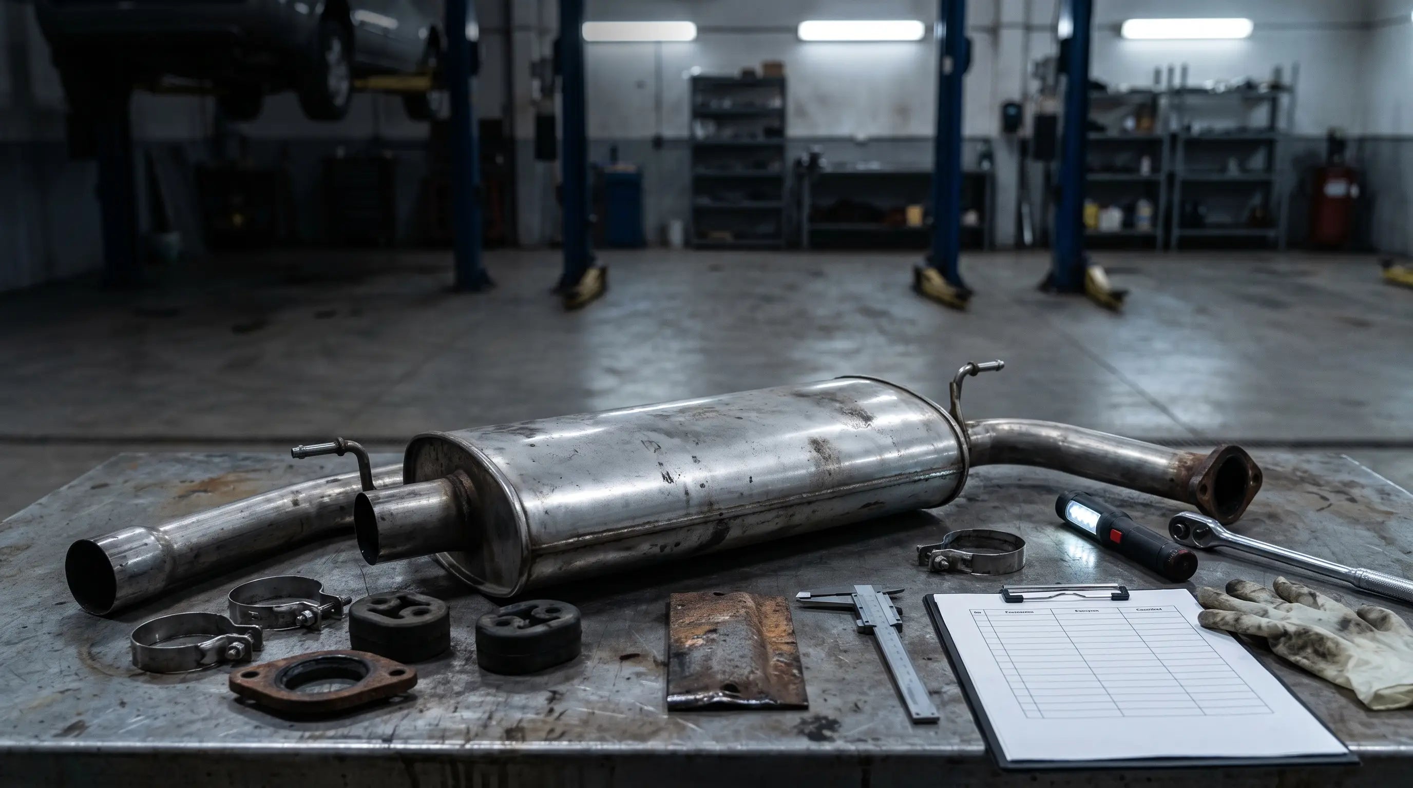Generic stainless muffler and exhaust pipes on a workshop bench with inspection tools