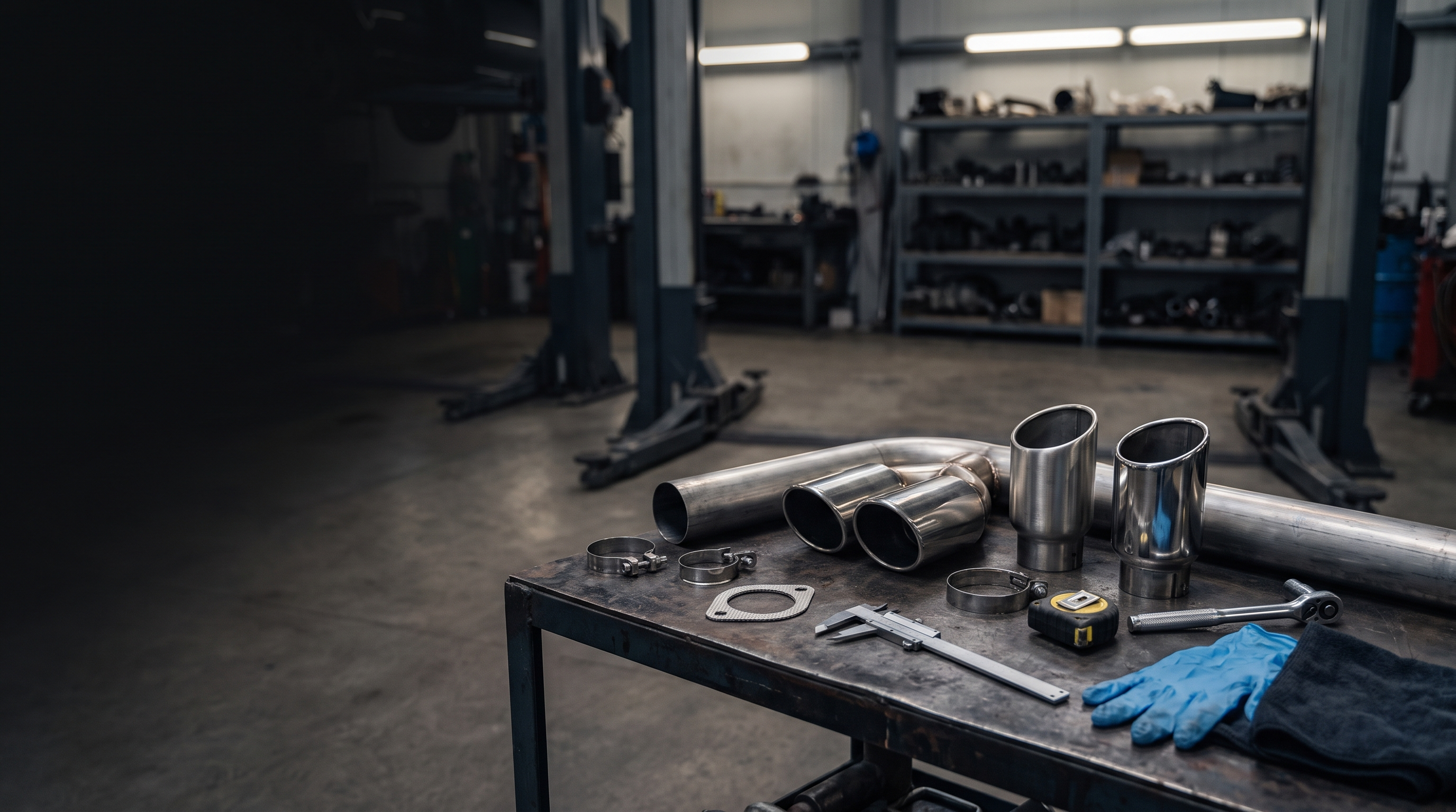 Generic stainless exhaust tips and tailpipe sections on a workshop bench