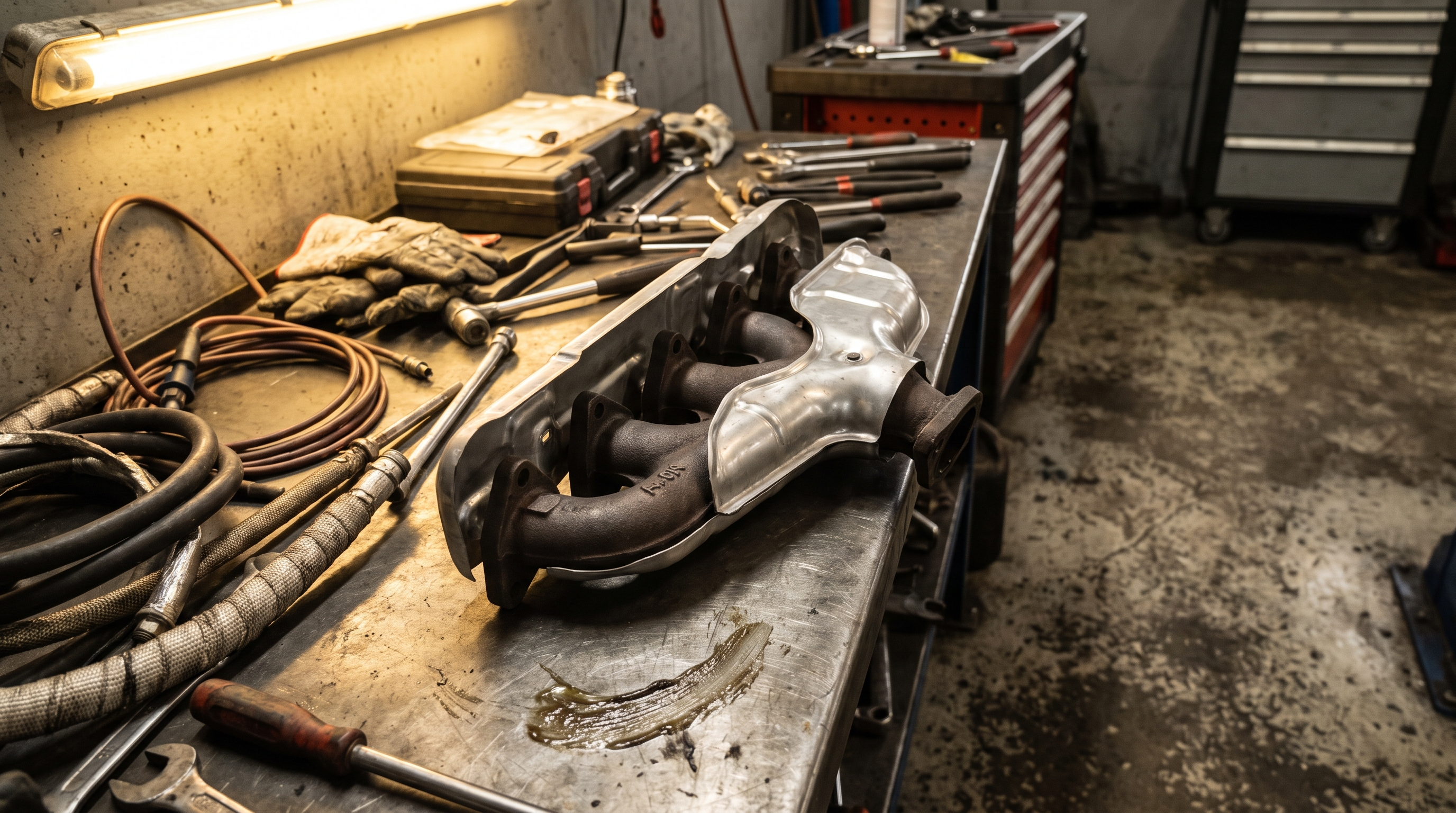 Exhaust manifold with a metal heat shield on a workshop bench