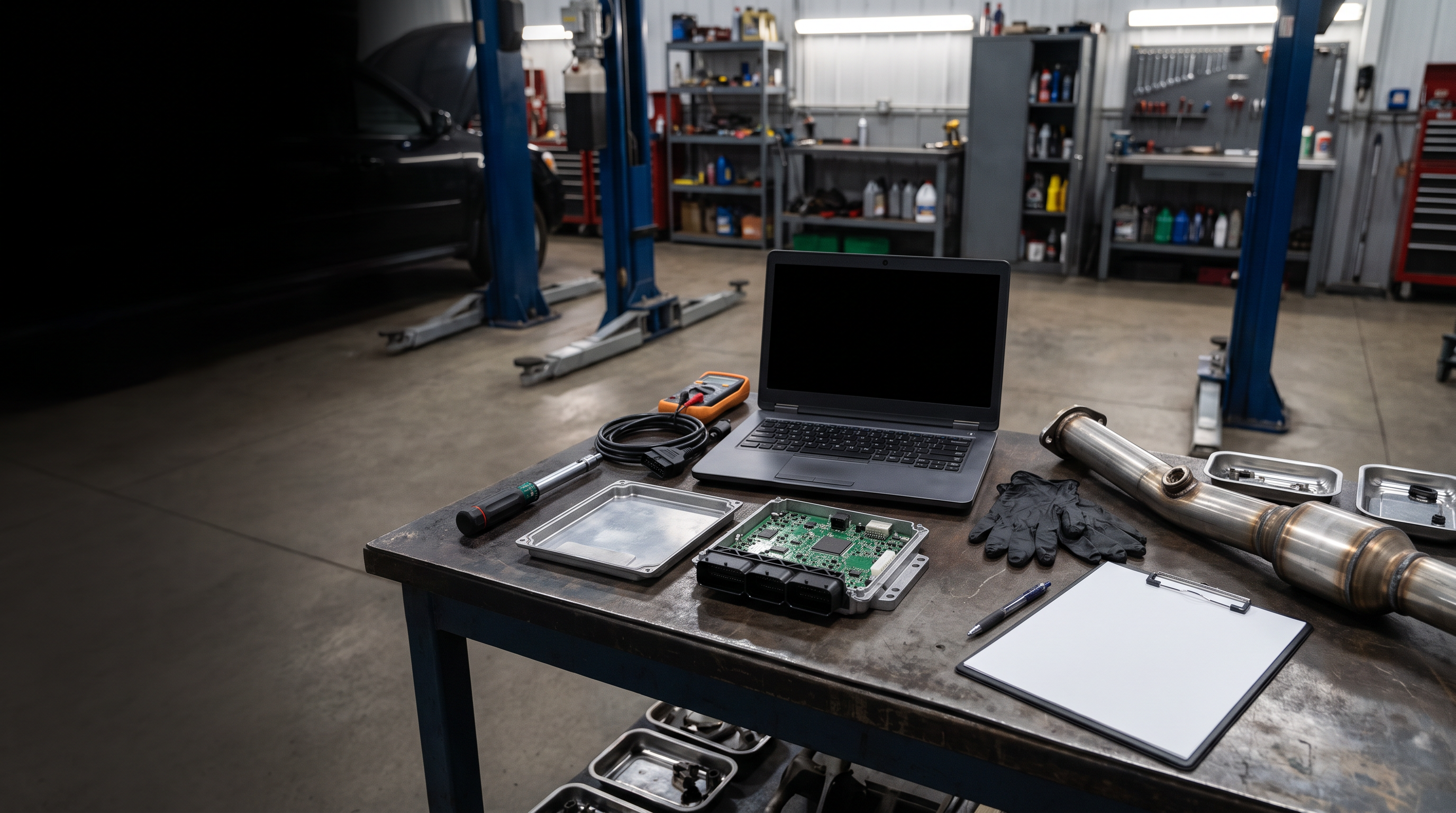 ECU module, diagnostic laptop and exhaust section on a workshop bench
