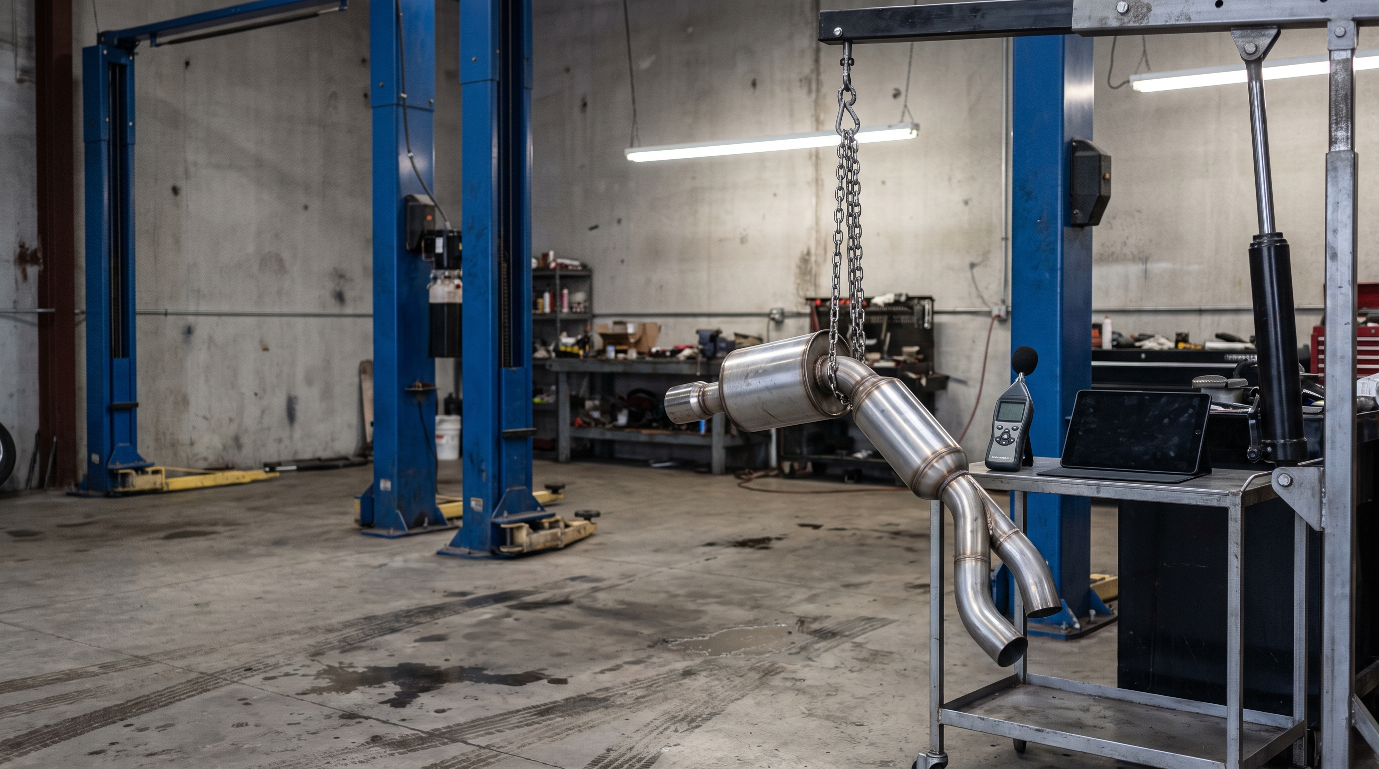 Illustration of a workshop exhaust sound test with a stainless exhaust section, sound meter and tablet.