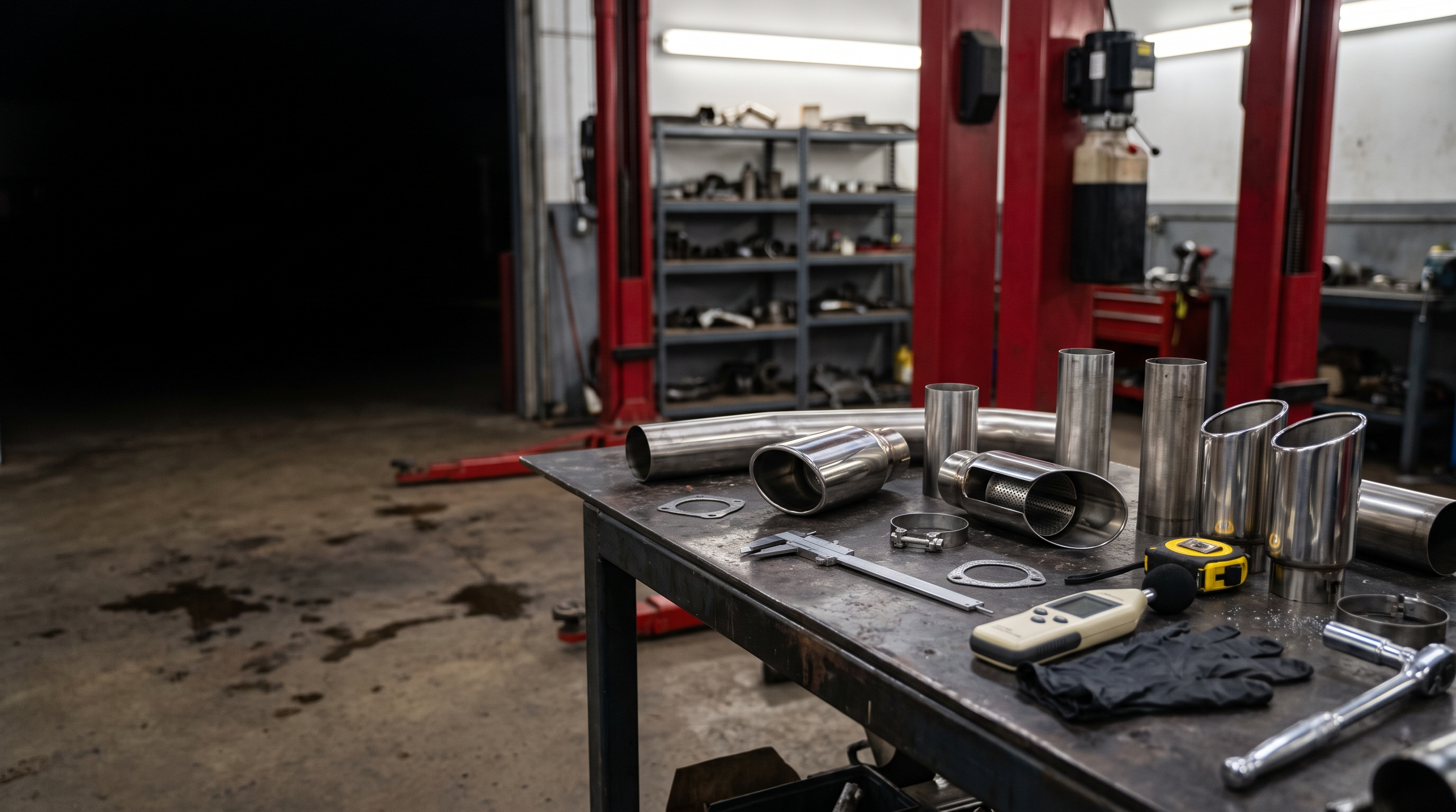 Generic stainless exhaust tips and sound meter on a workshop bench