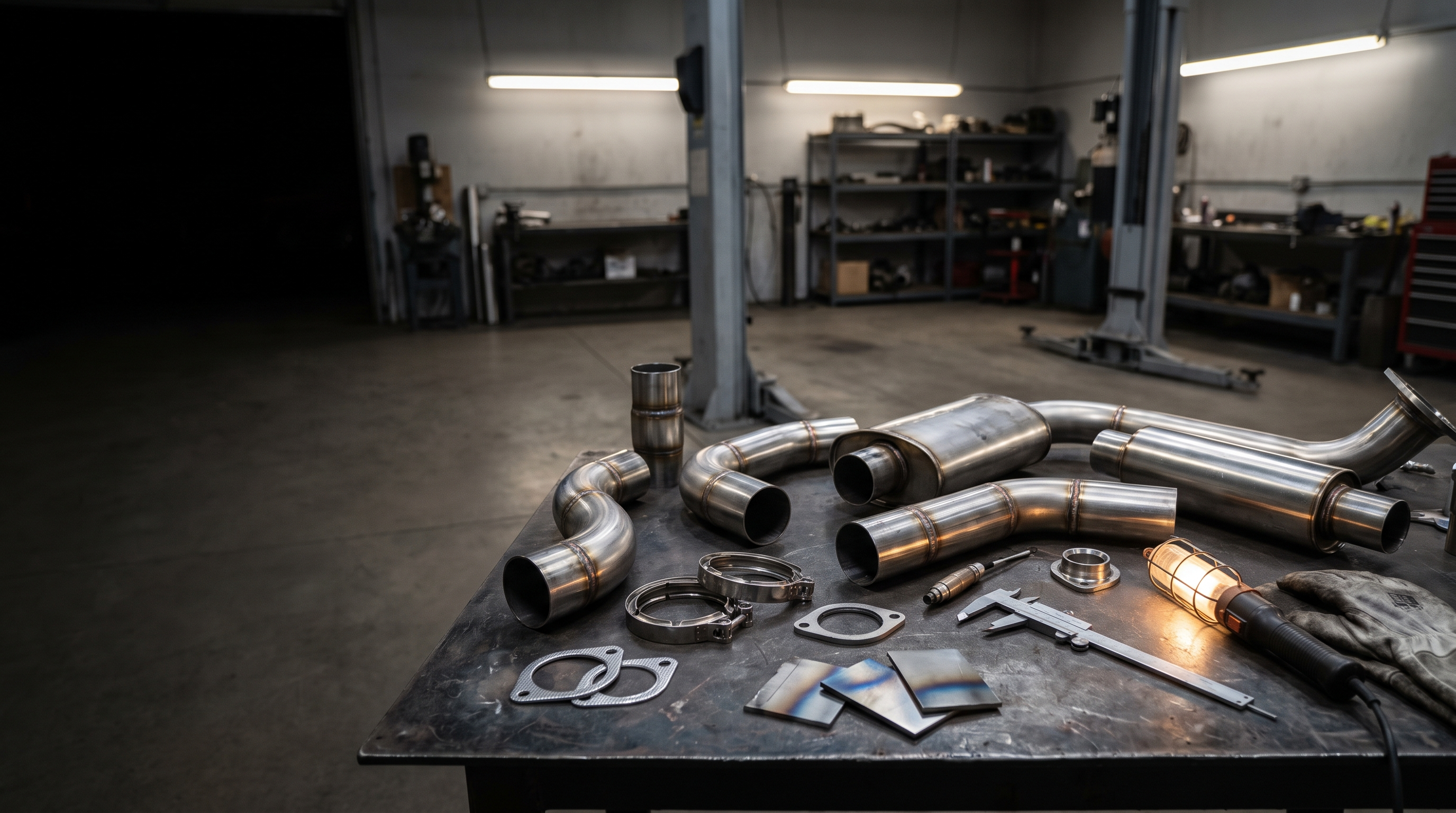 Stainless exhaust sections, clamps and inspection tools on a workshop bench