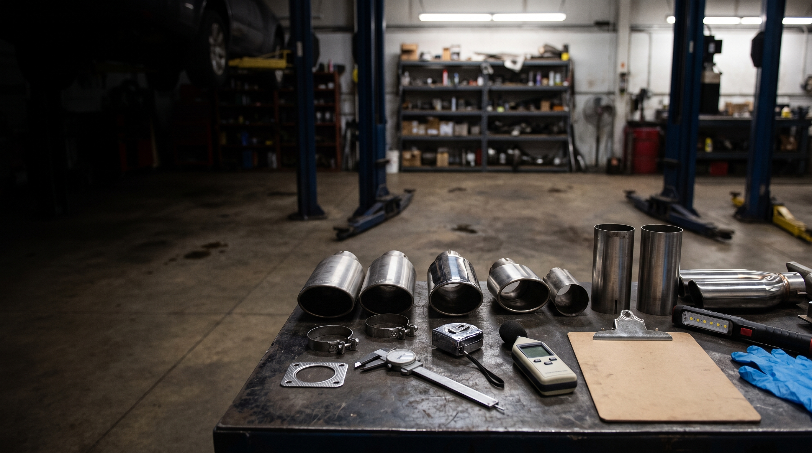 Generic stainless exhaust tips and inspection tools on a workshop bench