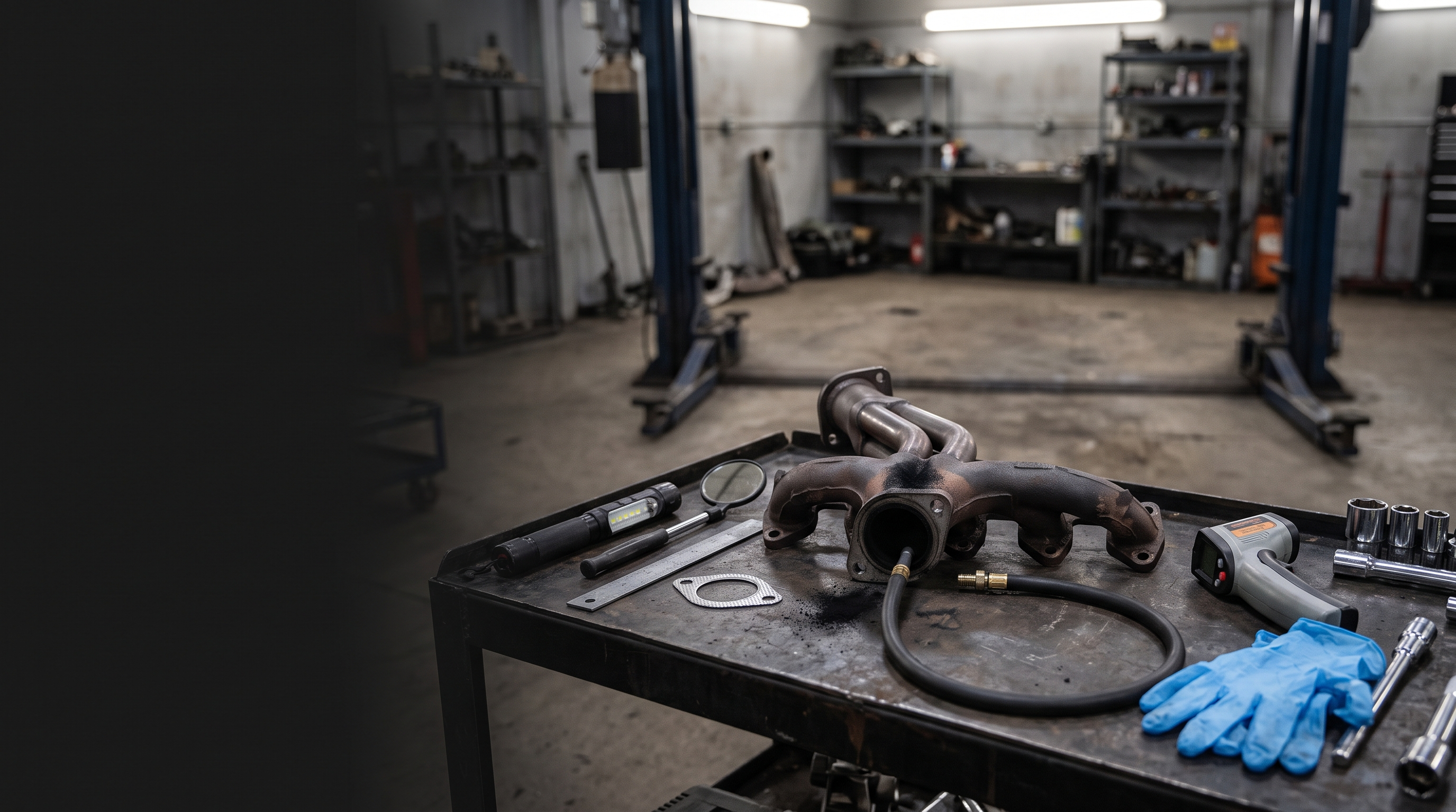 Exhaust manifold on a workshop bench with leak diagnostic tools