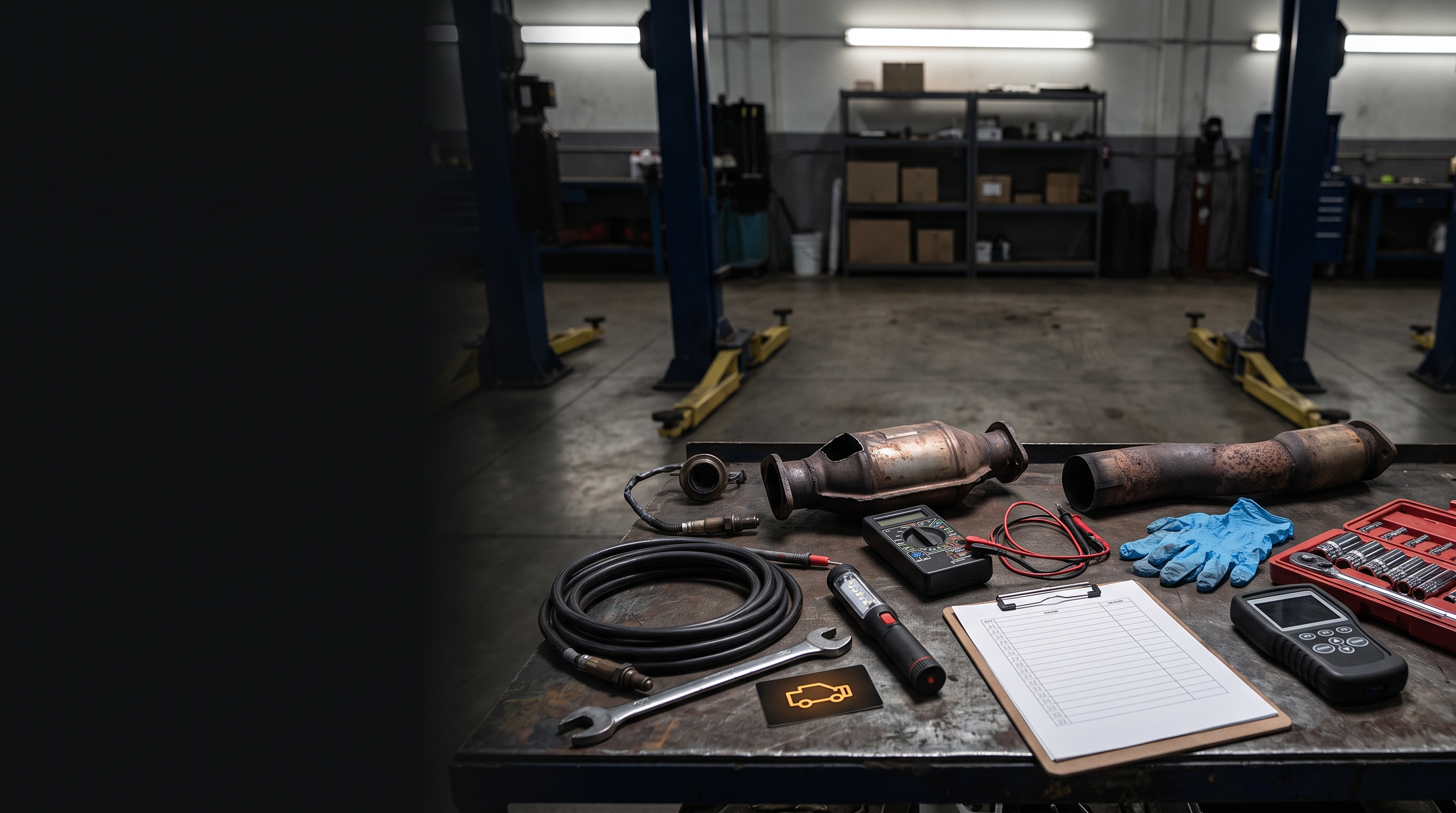Generic exhaust components and diagnostic tools on a workshop bench