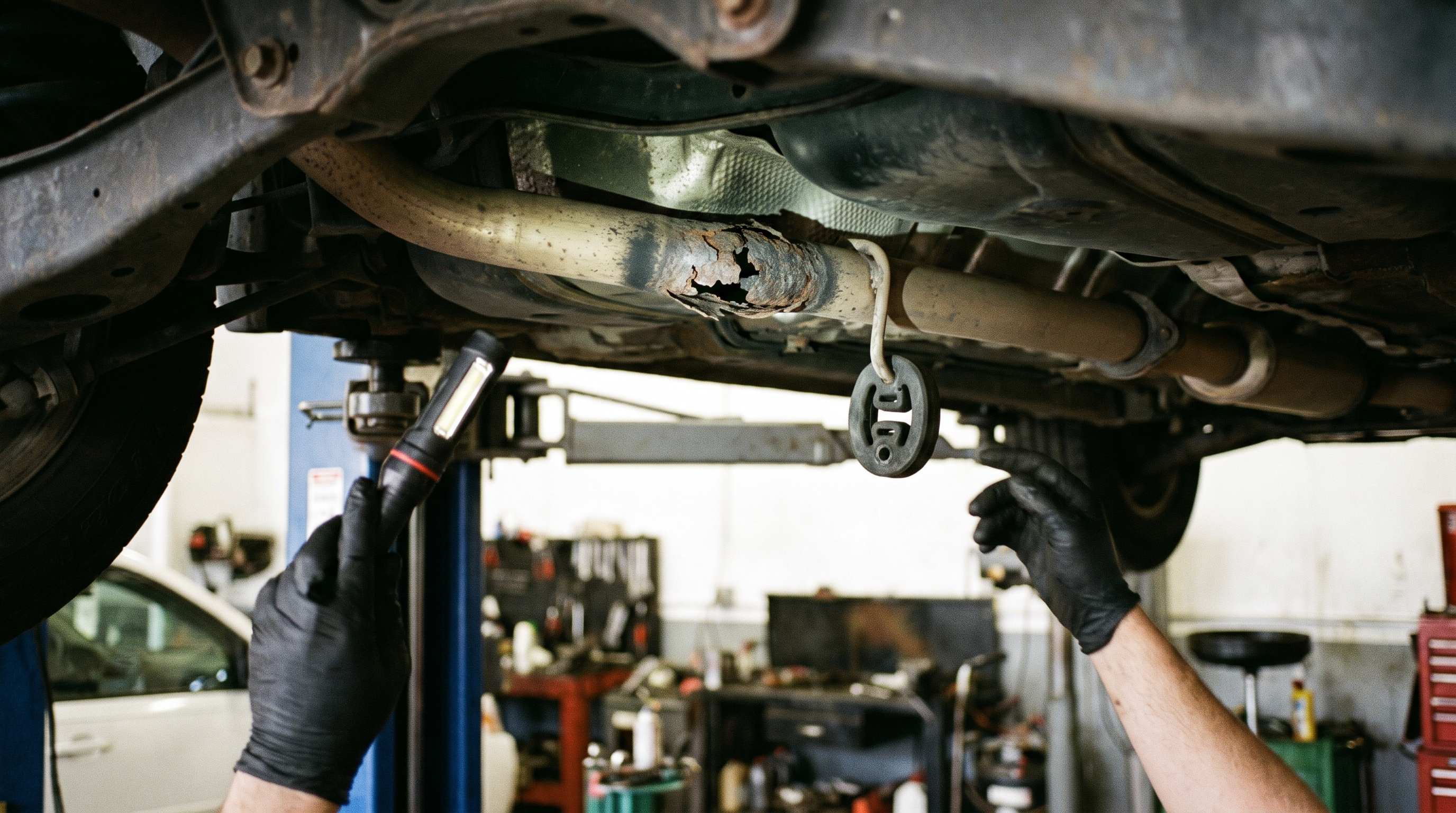 Damaged exhaust pipe being inspected under a vehicle in a workshop