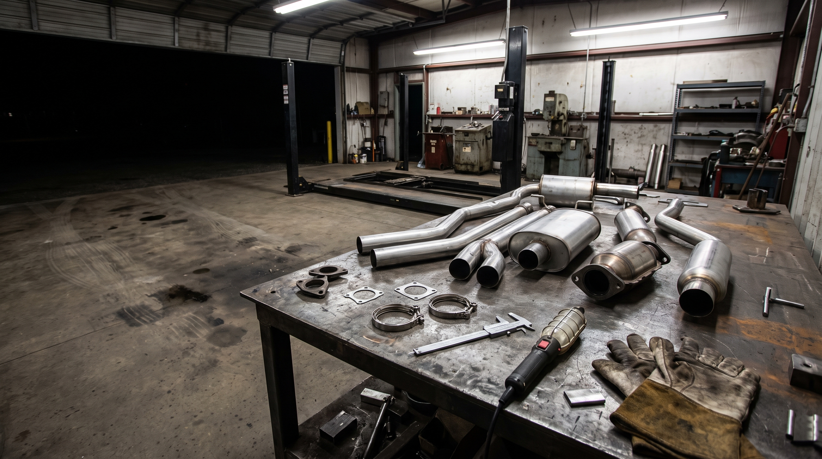 Exhaust tubing and mufflers on a workshop bench for a cost explainer