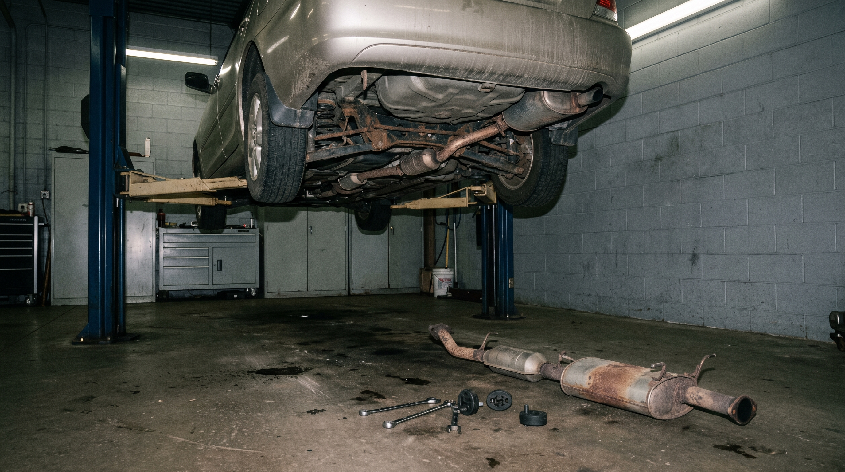 Generic exhaust system and muffler on a workshop lift during noise reduction inspection