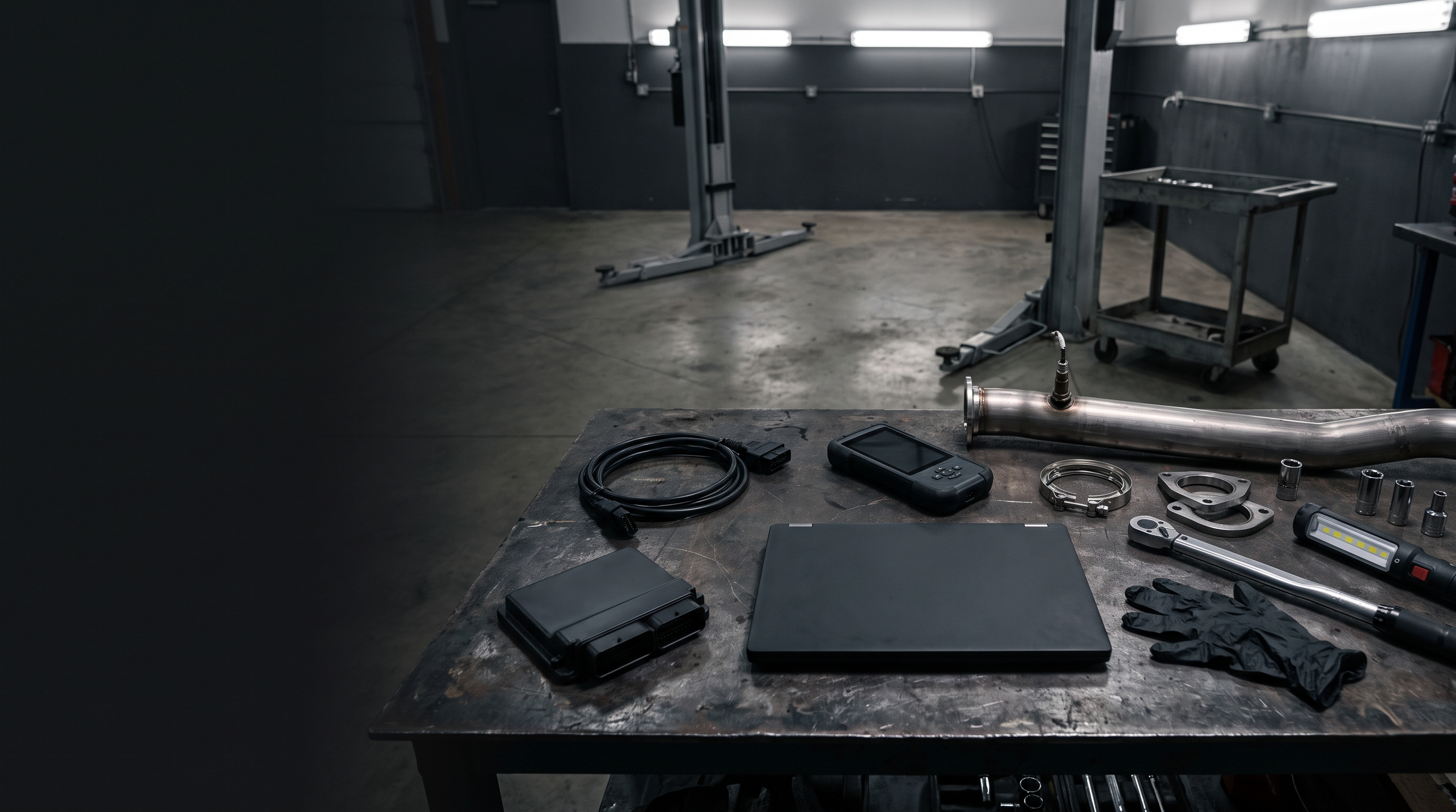 Generic tuning laptop, ECU module and exhaust section on a workshop bench