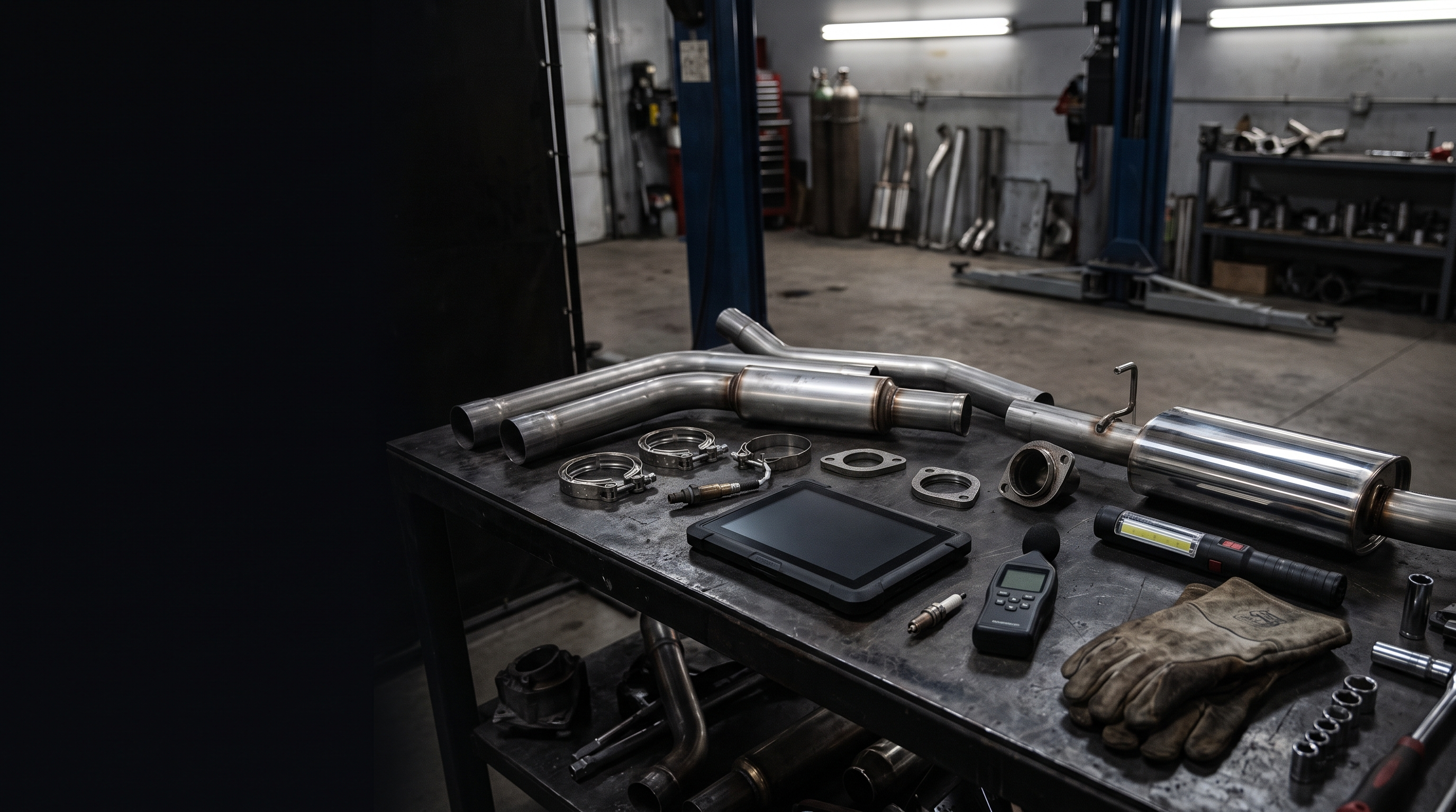 Generic exhaust parts and diagnostic tools on a workshop bench