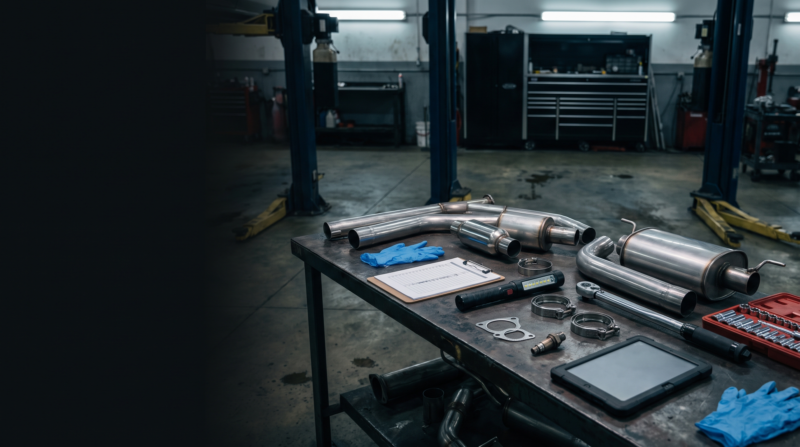 Generic exhaust components and inspection tools on a workshop bench