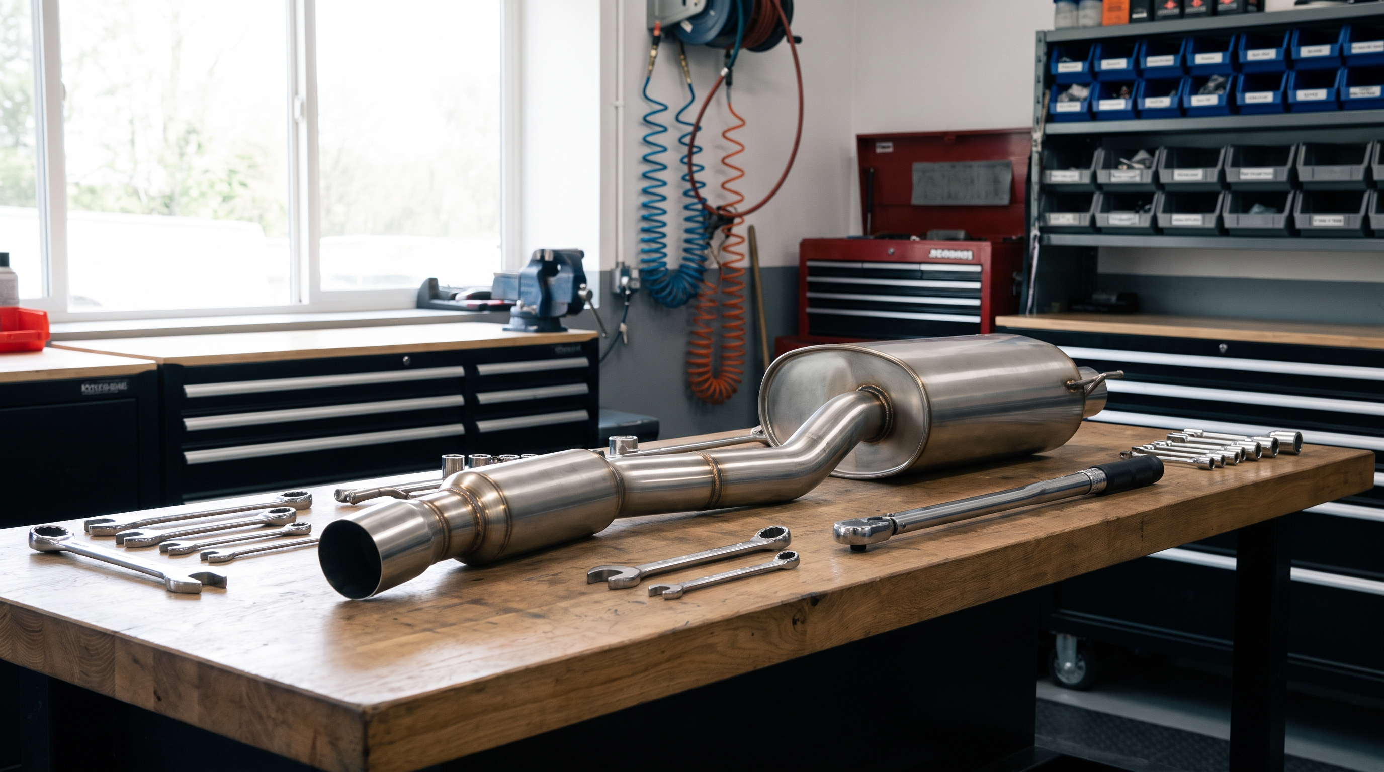 Stainless steel exhaust system on a workshop bench with tools