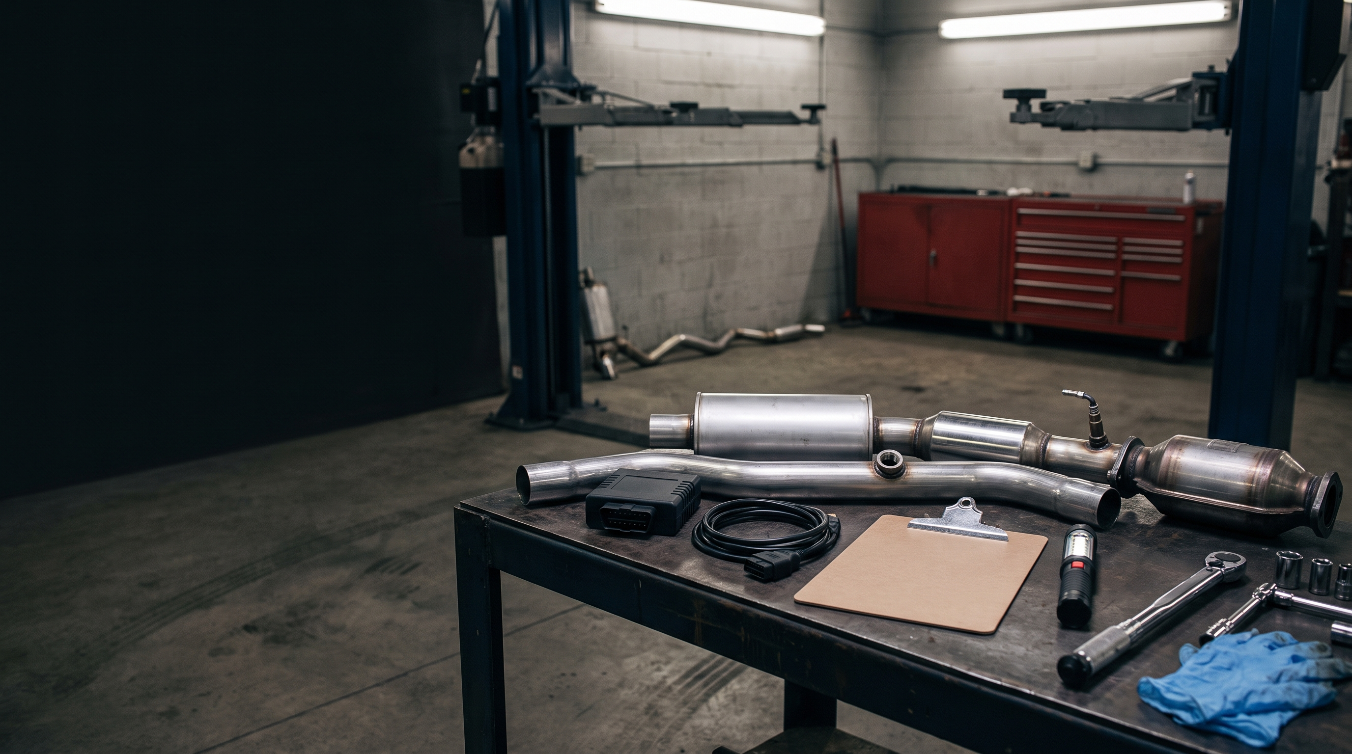 Generic exhaust parts and diagnostic tools in a workshop bay