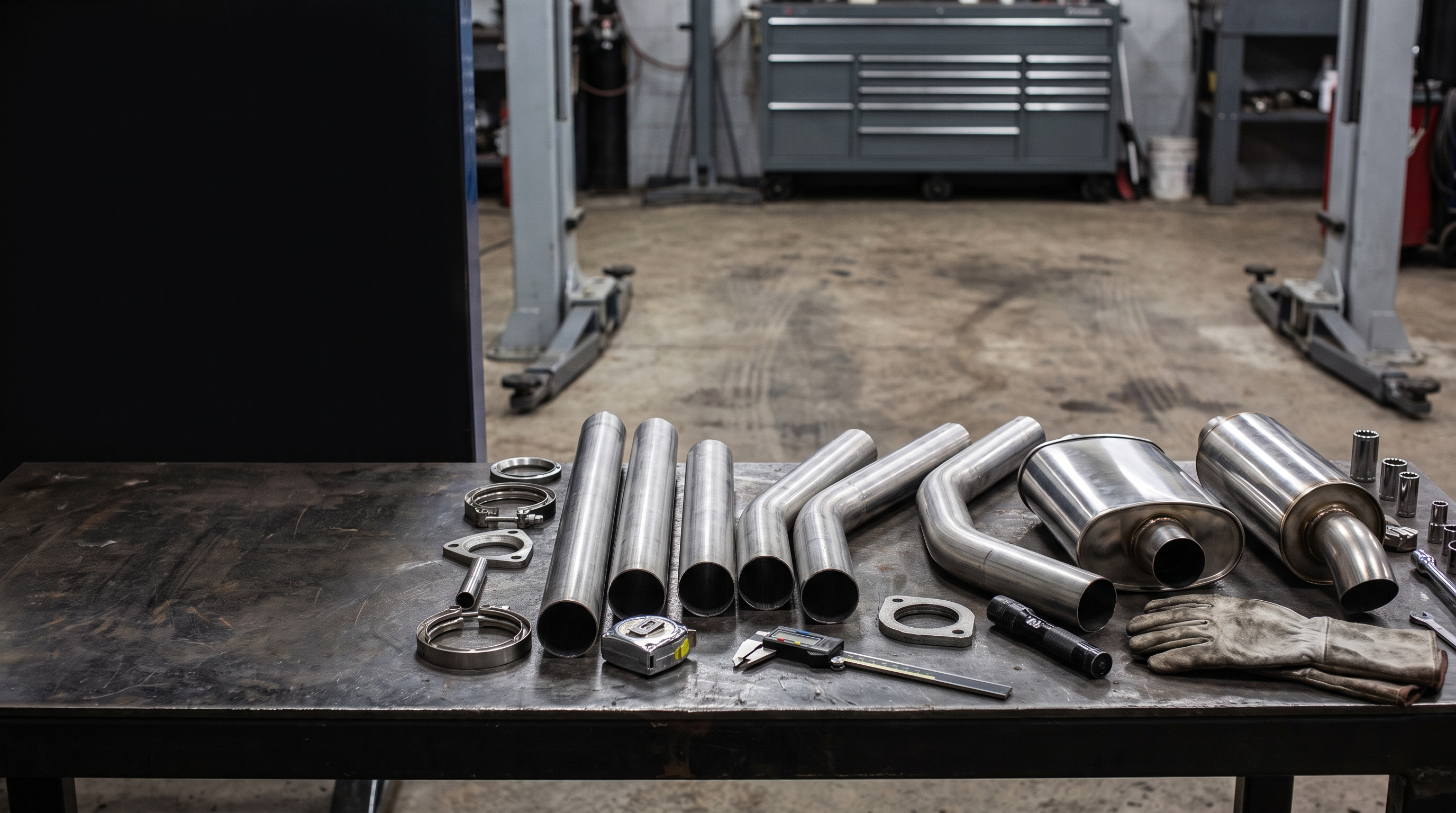 Stainless exhaust tubing and mufflers on a workshop bench