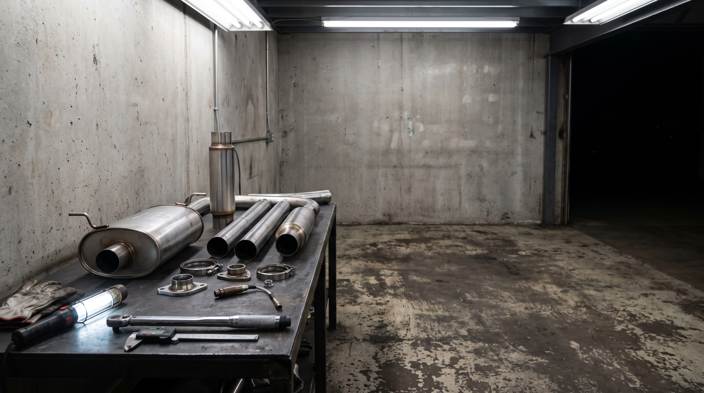 Performance muffler and exhaust tubing on a workshop bench for a guide about whether a performance muffler adds power